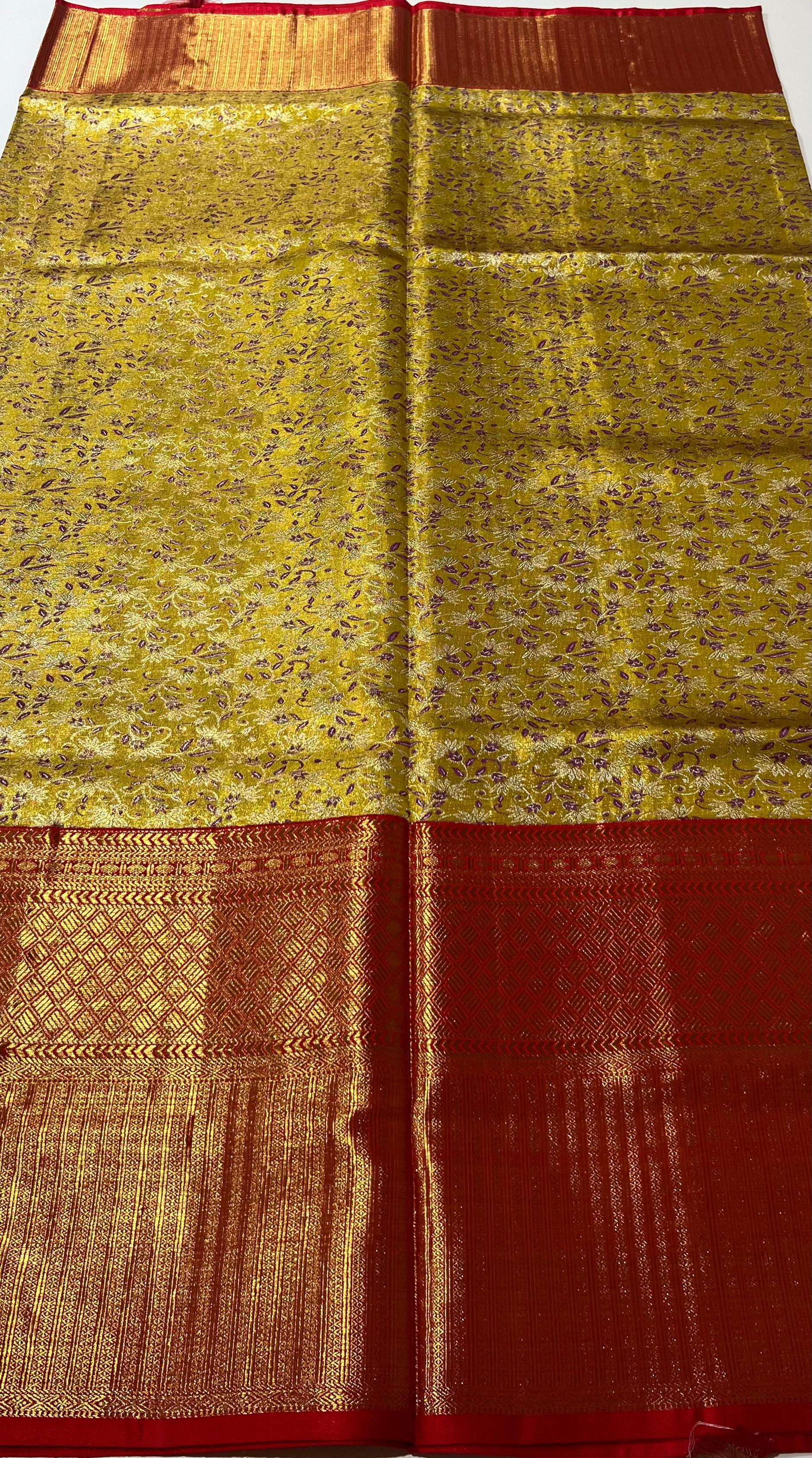 Tea Green and red Kanjeevaram silk saree