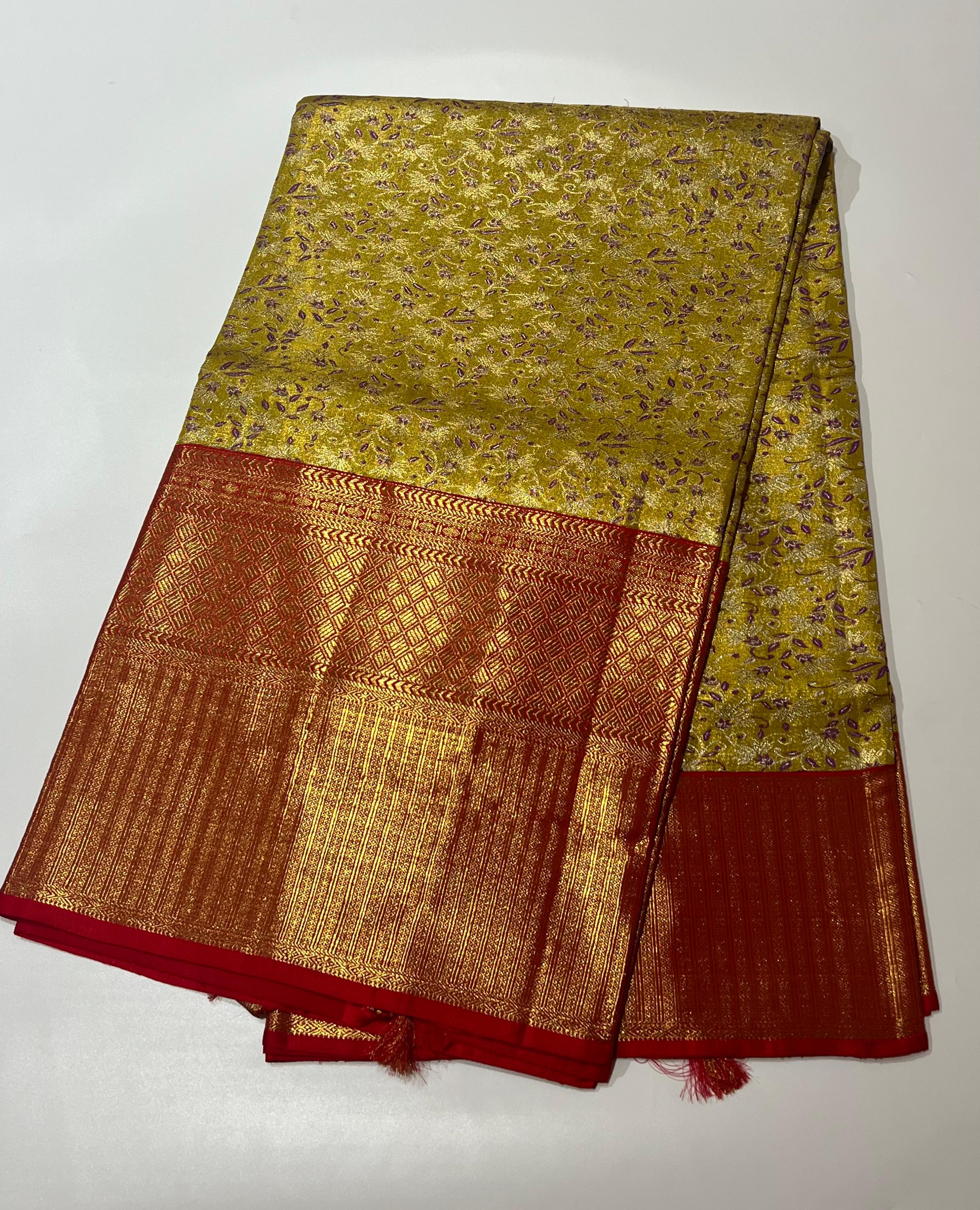 Tea Green and red Kanjeevaram silk saree