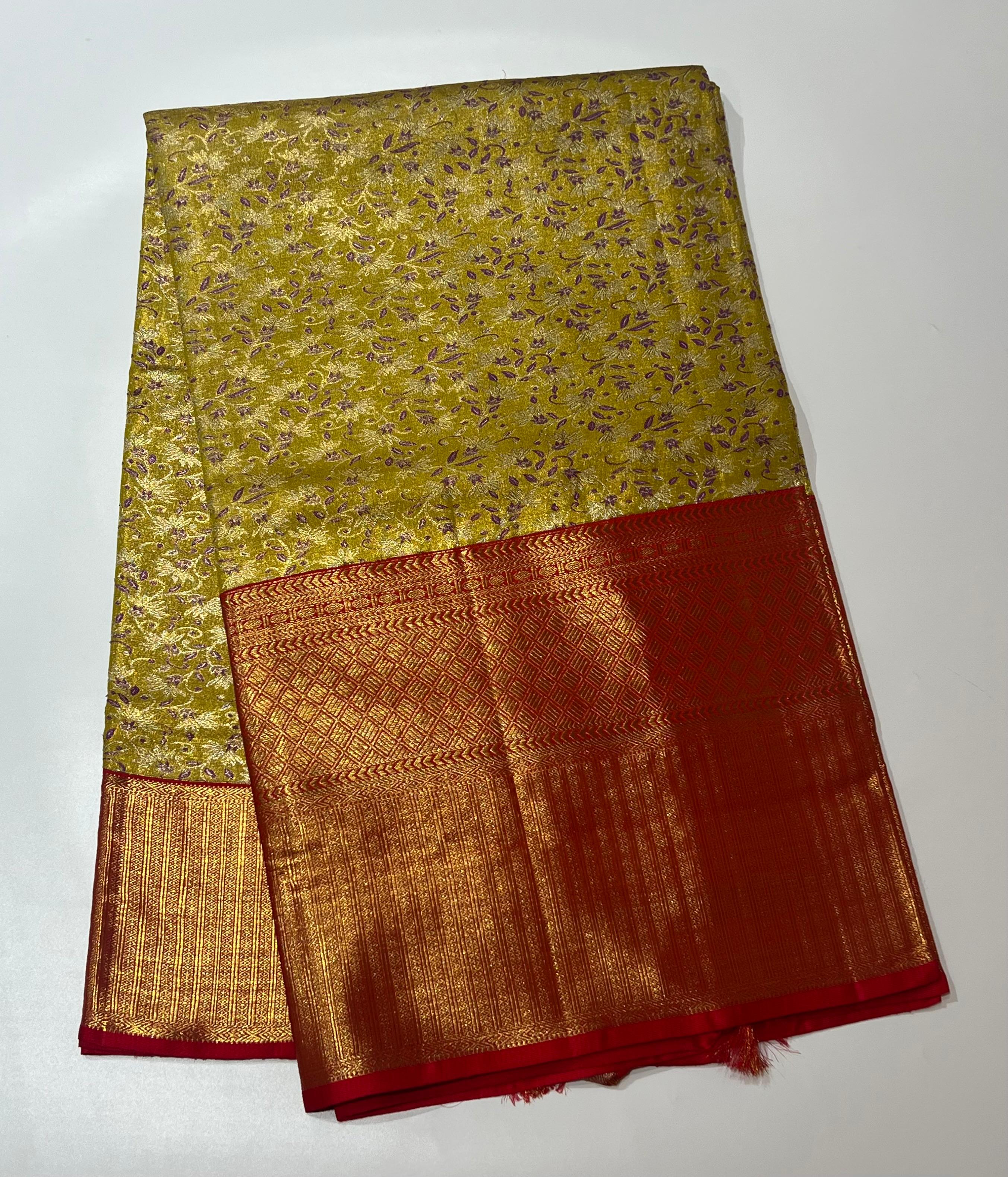 Tea Green and red Kanjeevaram silk saree