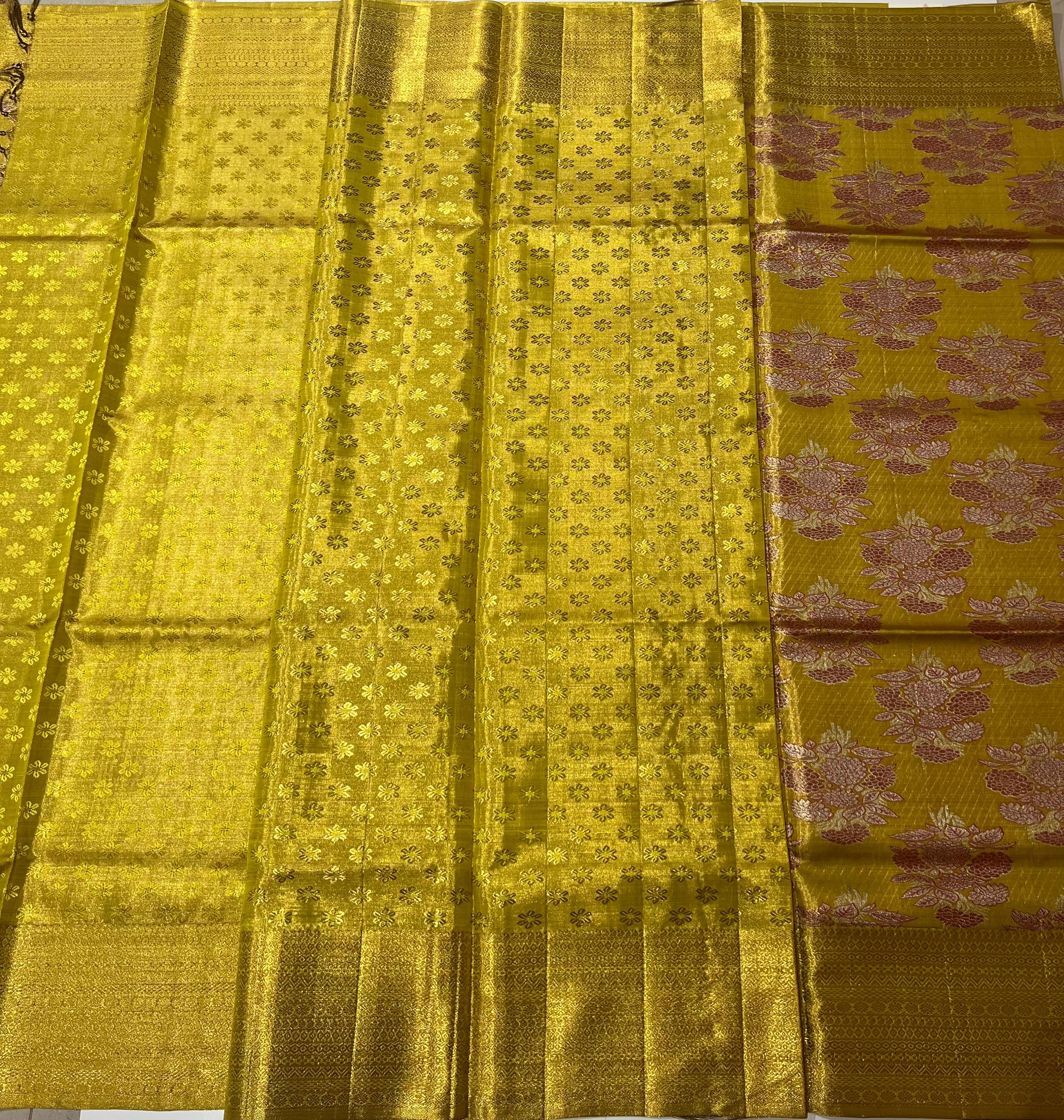 Rose motif golden Kanjeevaram silk saree.