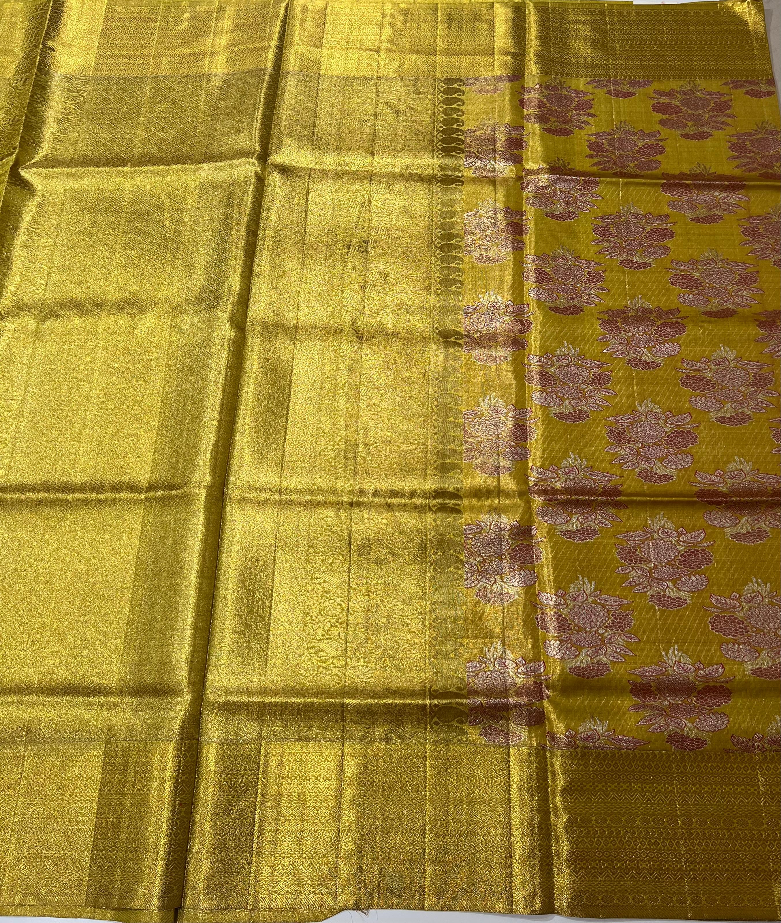 Rose motif golden Kanjeevaram silk saree.