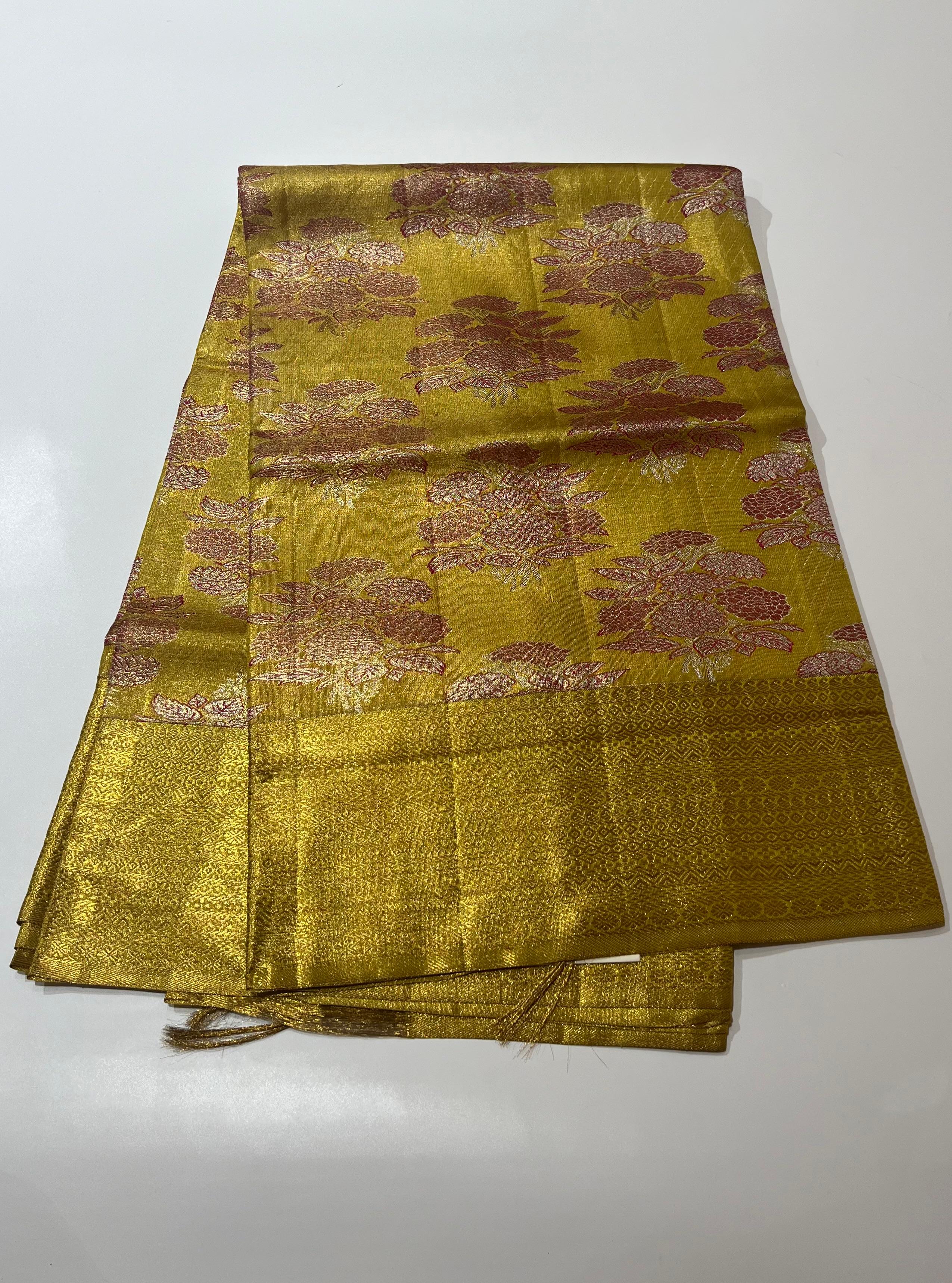 Rose motif golden Kanjeevaram silk saree.