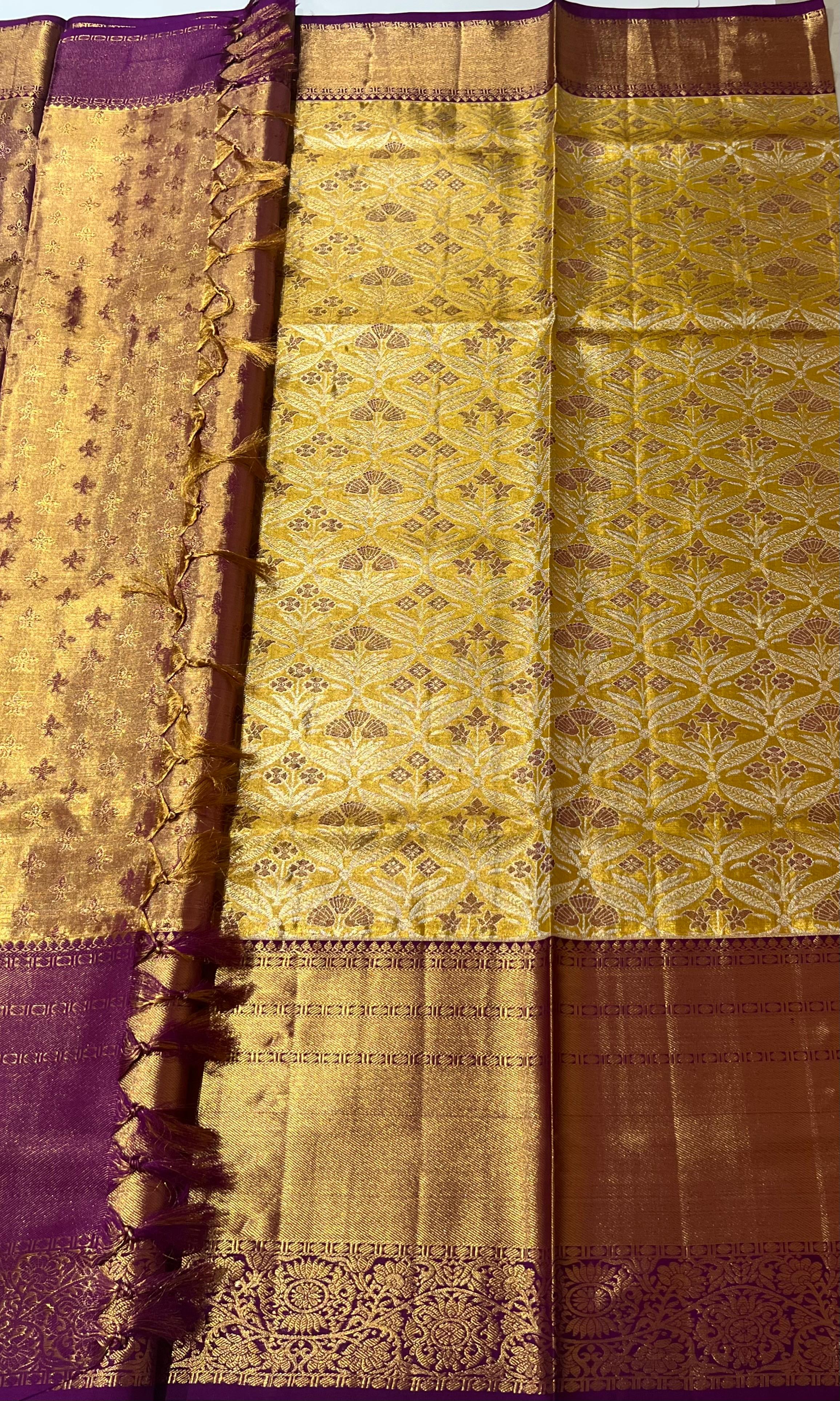 Golden and violet Kanjeevaram silk saree