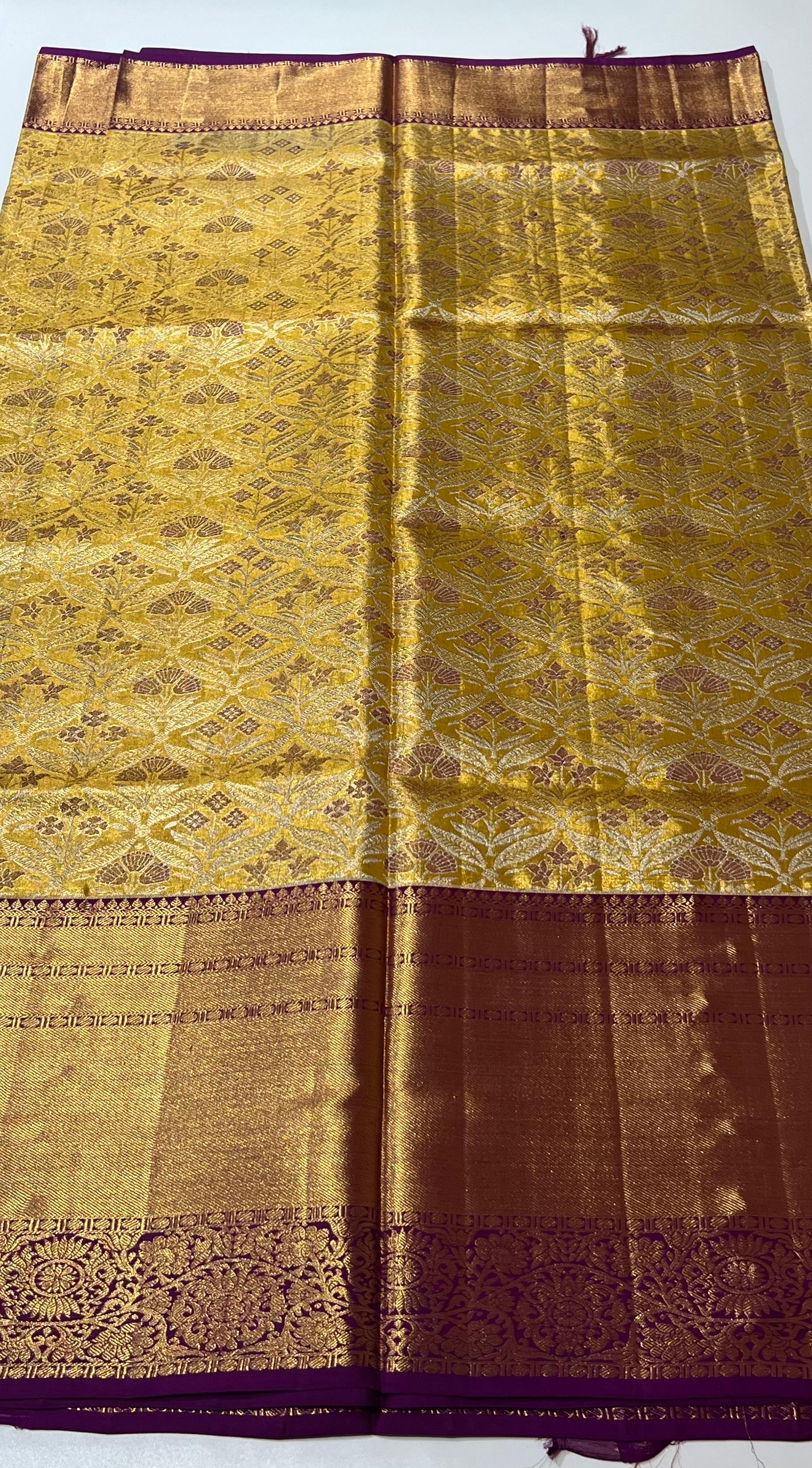 Golden and violet Kanjeevaram silk saree