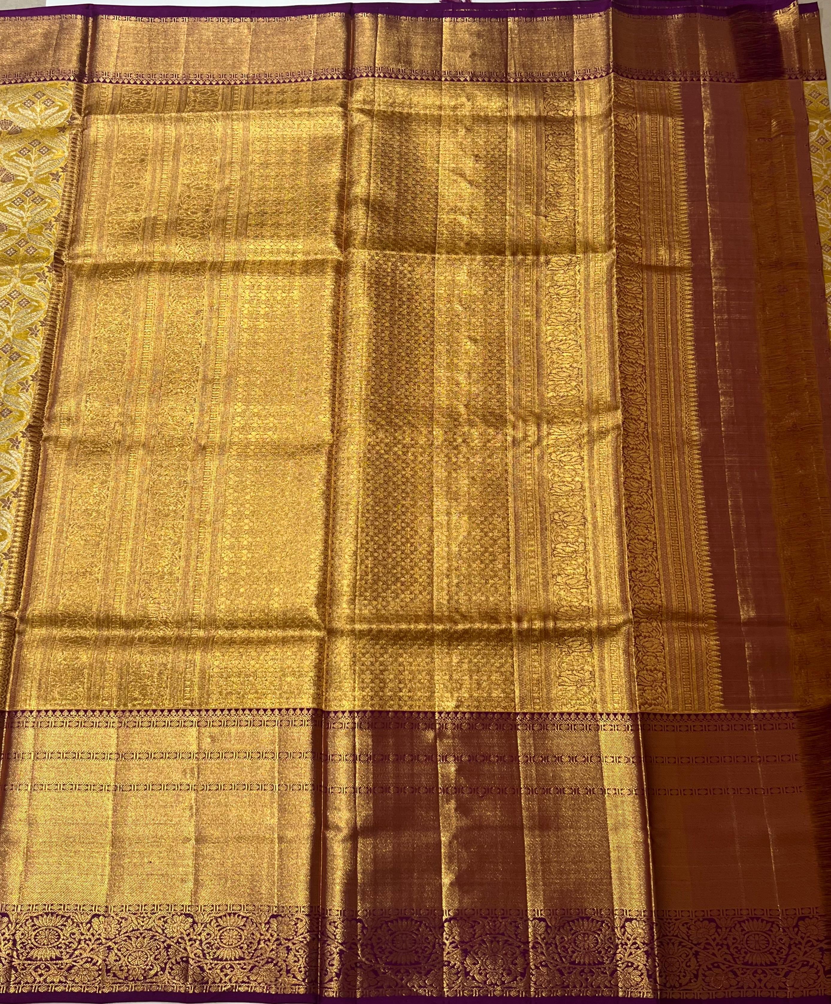 Golden and violet Kanjeevaram silk saree