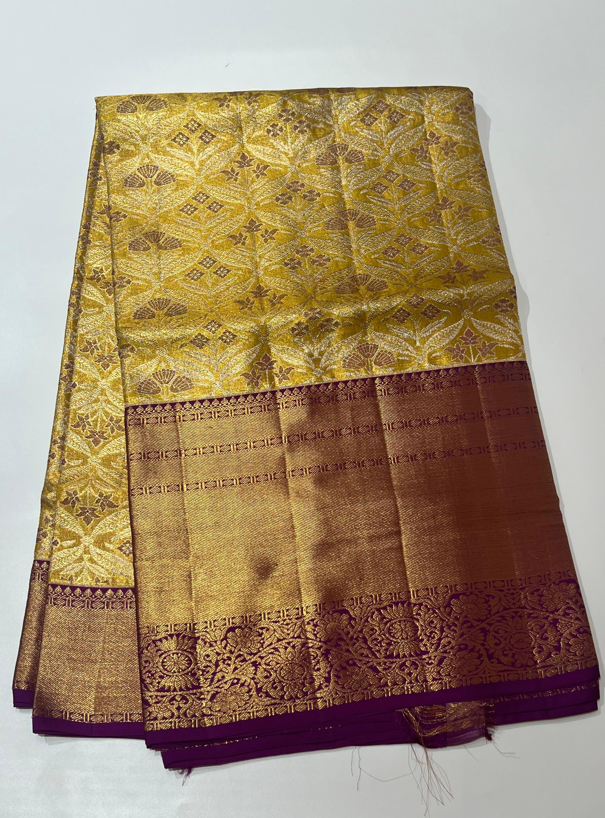 Golden and violet Kanjeevaram silk saree