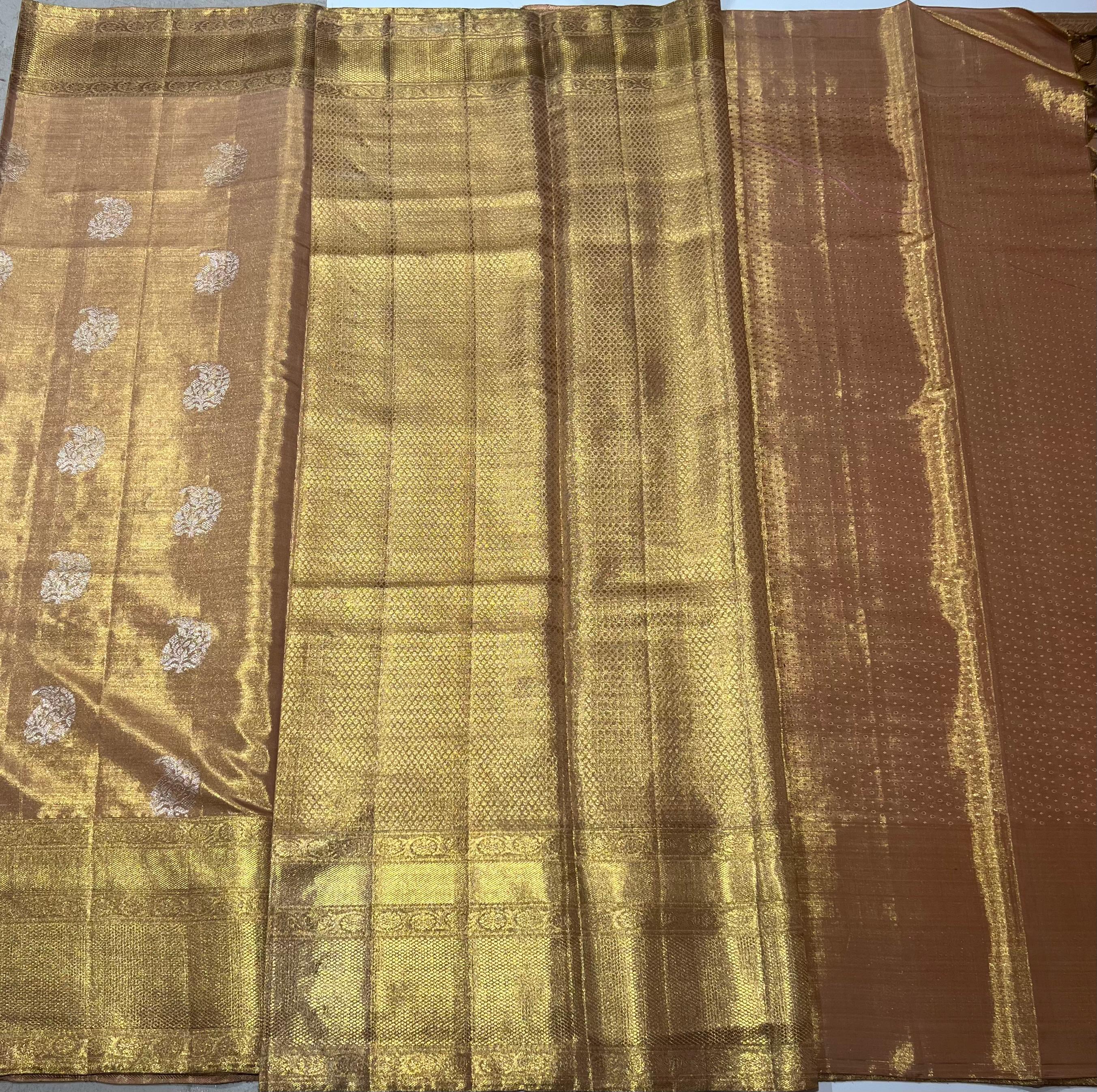 Paisley work on Peach Kanjeevaram silk saree