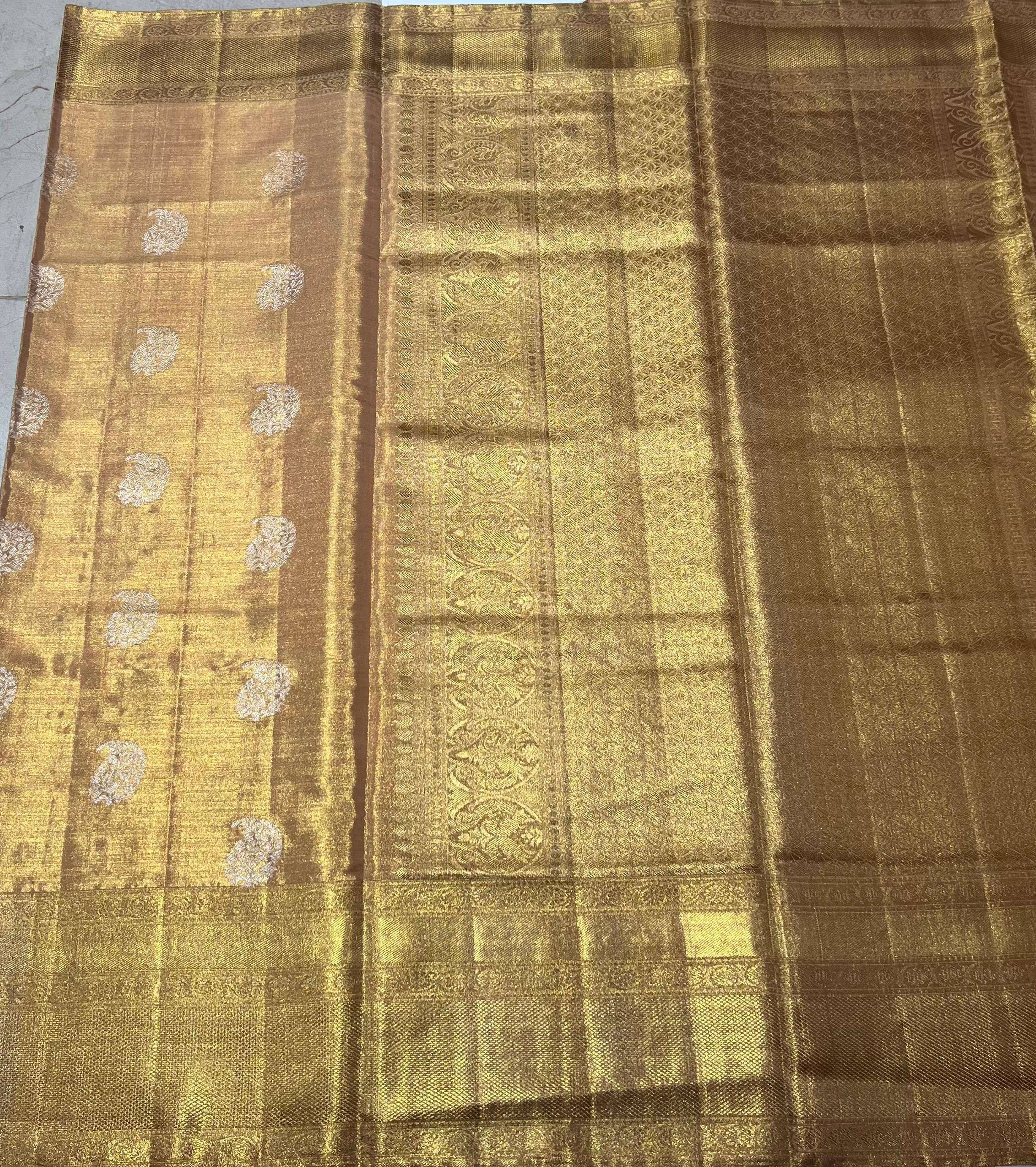 Paisley work on Peach Kanjeevaram silk saree