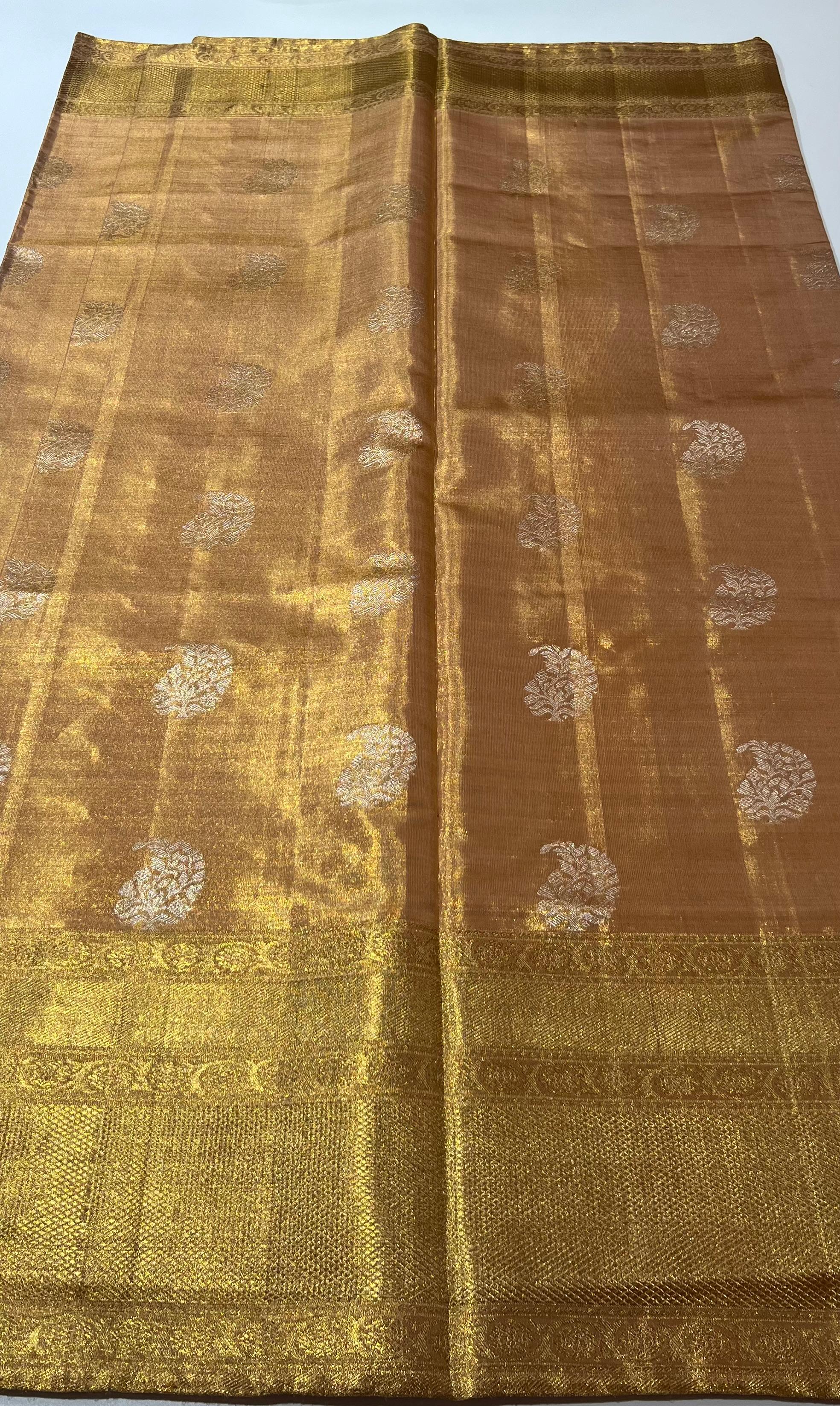 Paisley work on Peach Kanjeevaram silk saree