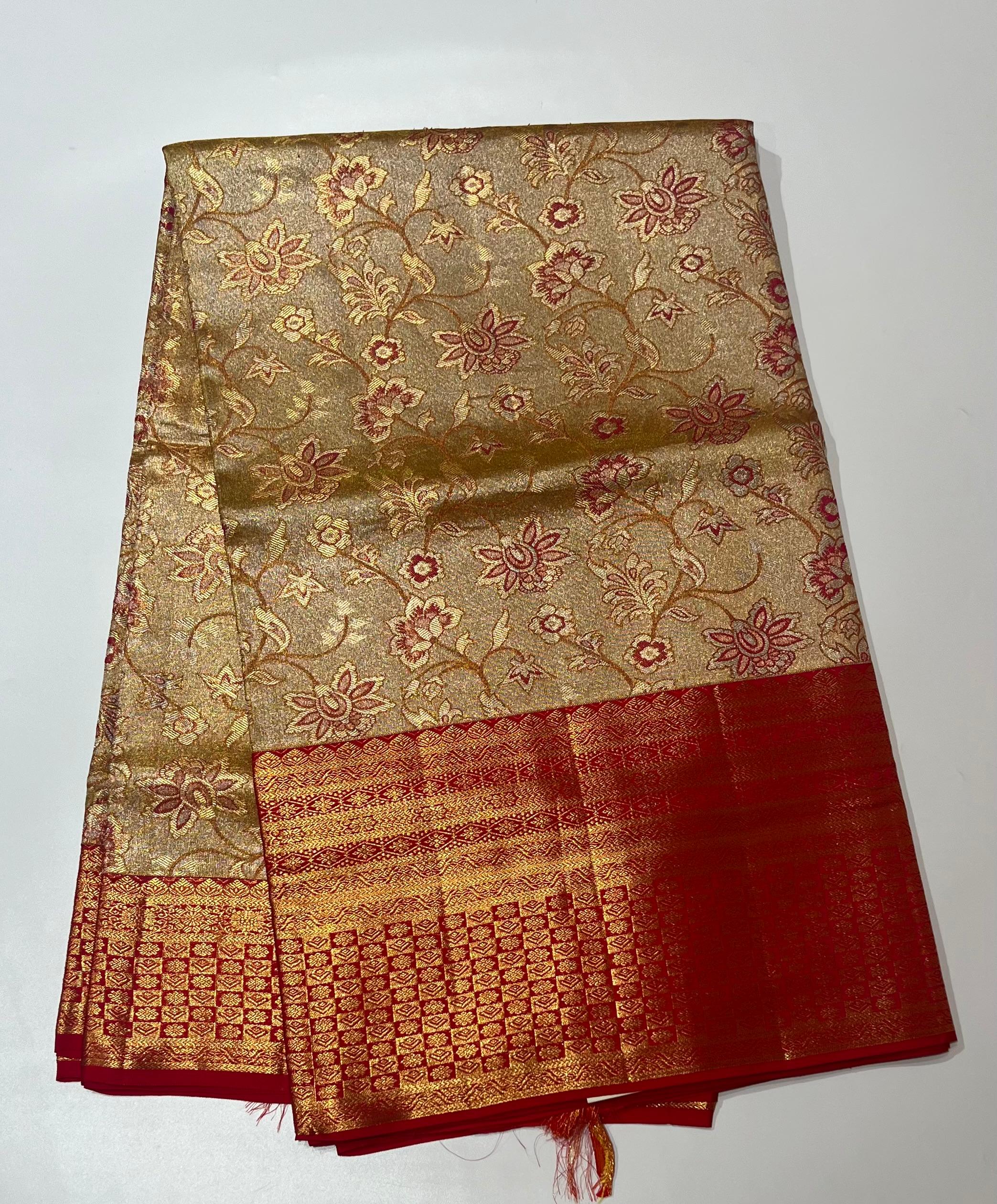 Pale Golden and red Kanjeevaram silk saree