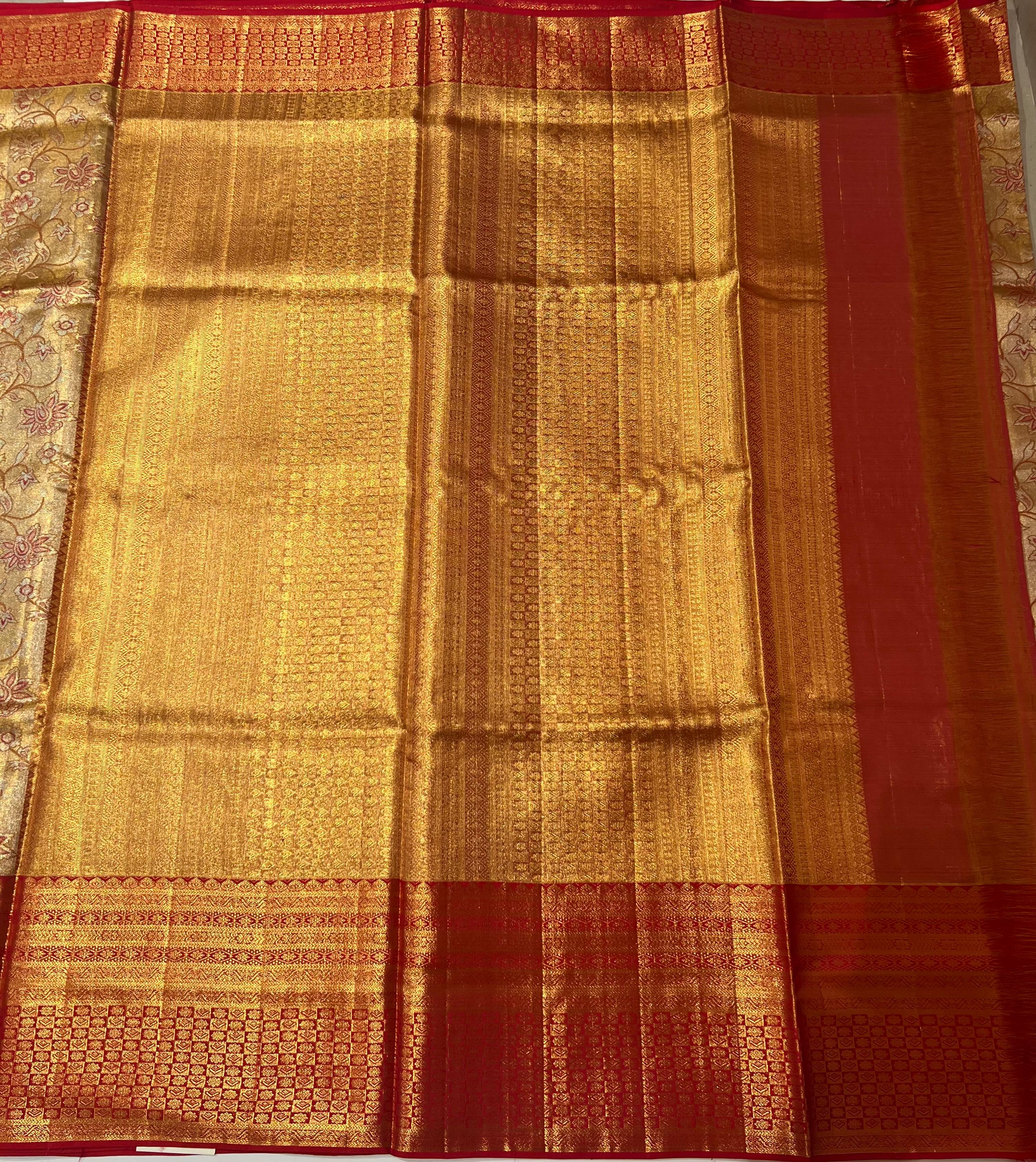 Pale Golden and red Kanjeevaram silk saree