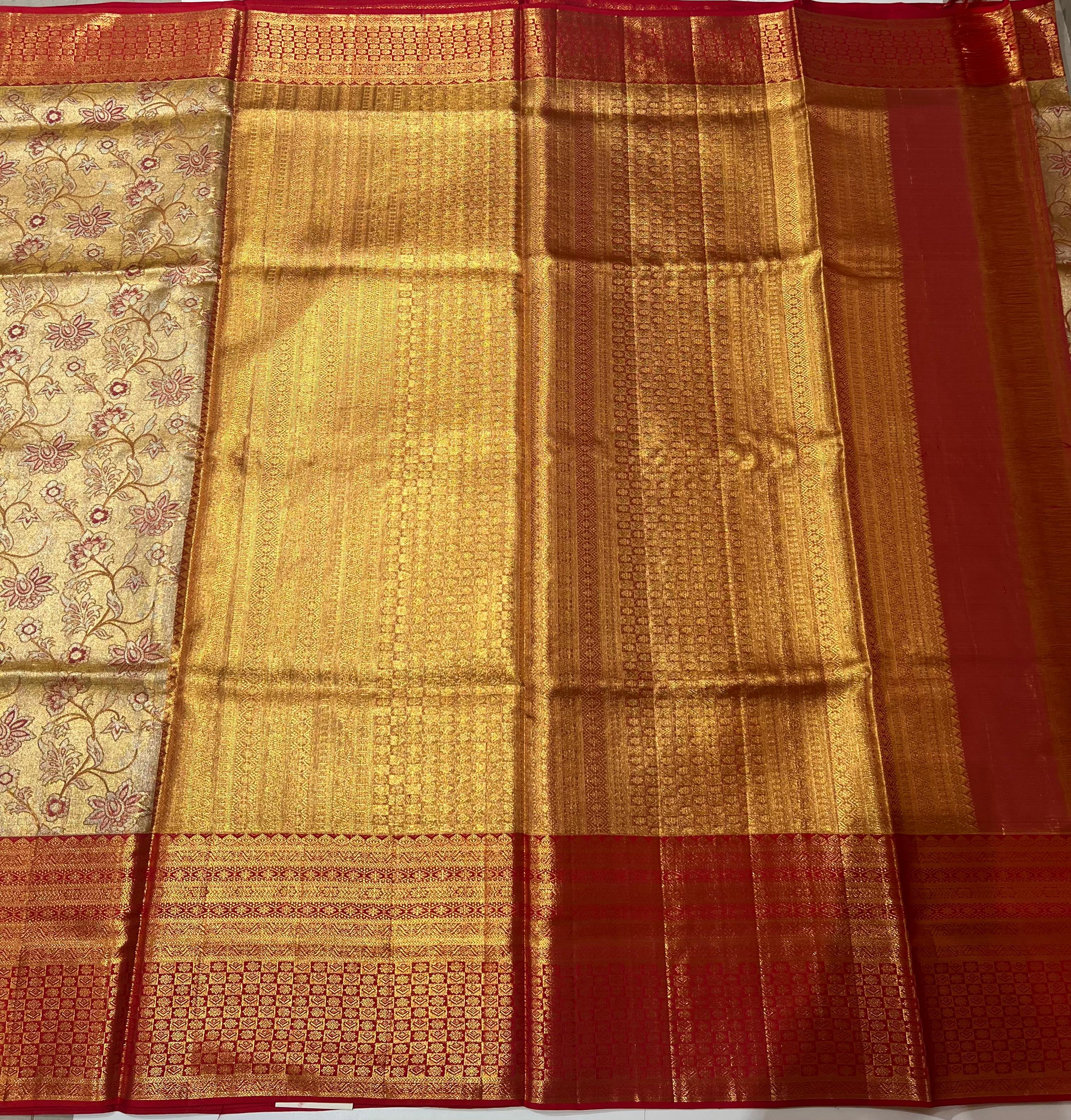 Pale Golden and red Kanjeevaram silk saree