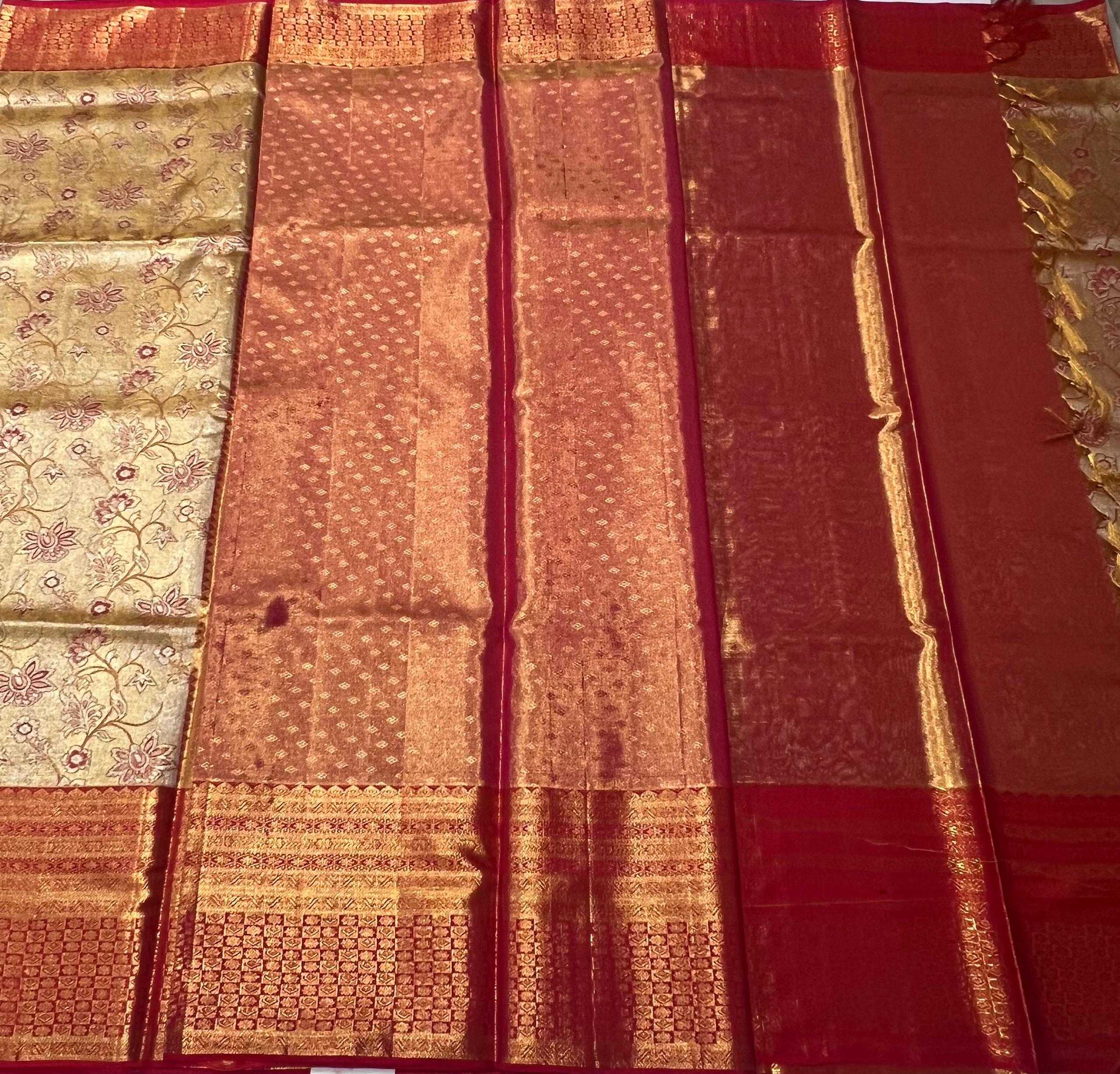 Pale Golden and red Kanjeevaram silk saree