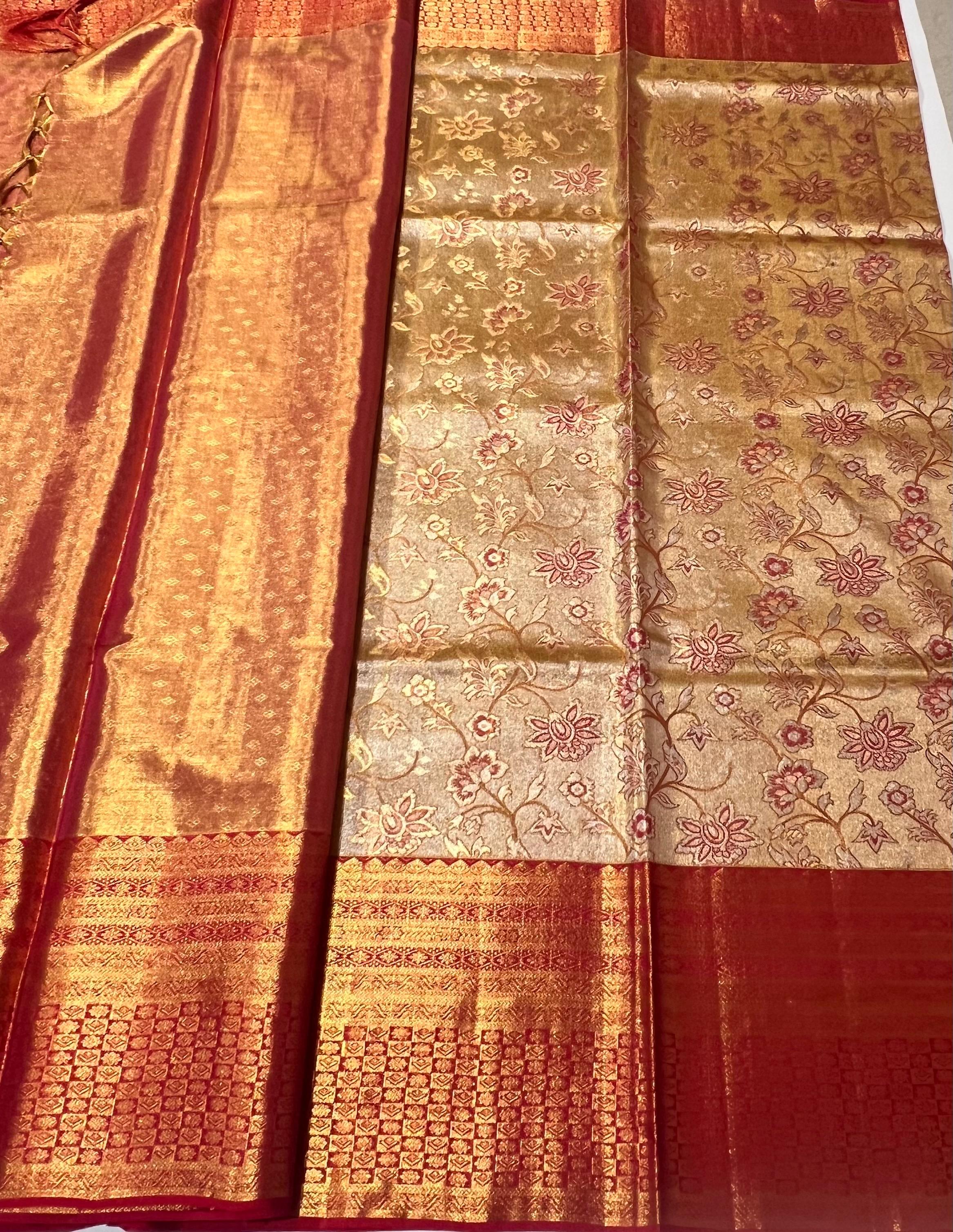 Pale Golden and red Kanjeevaram silk saree