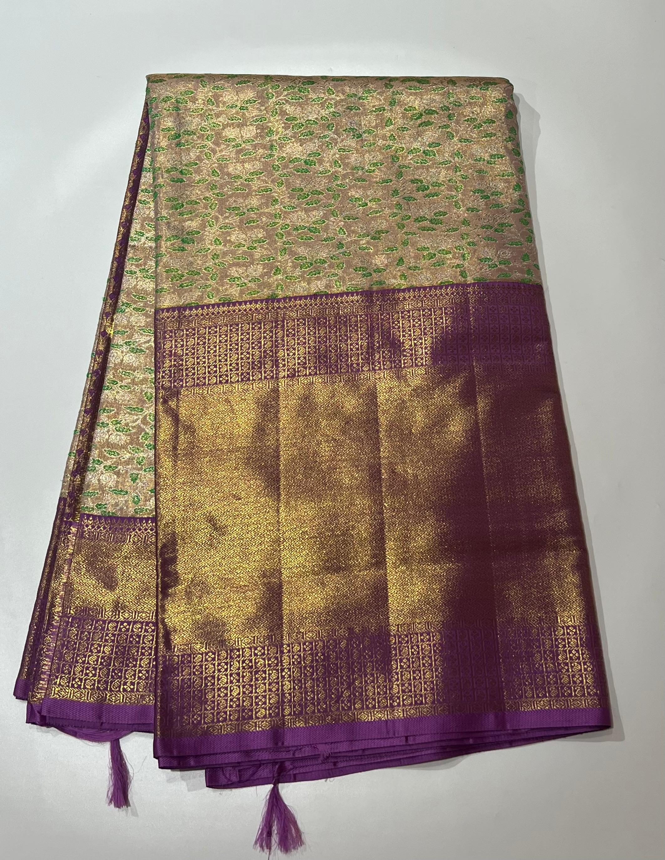 Cream and light violet border Kanjeevaram silk Saree