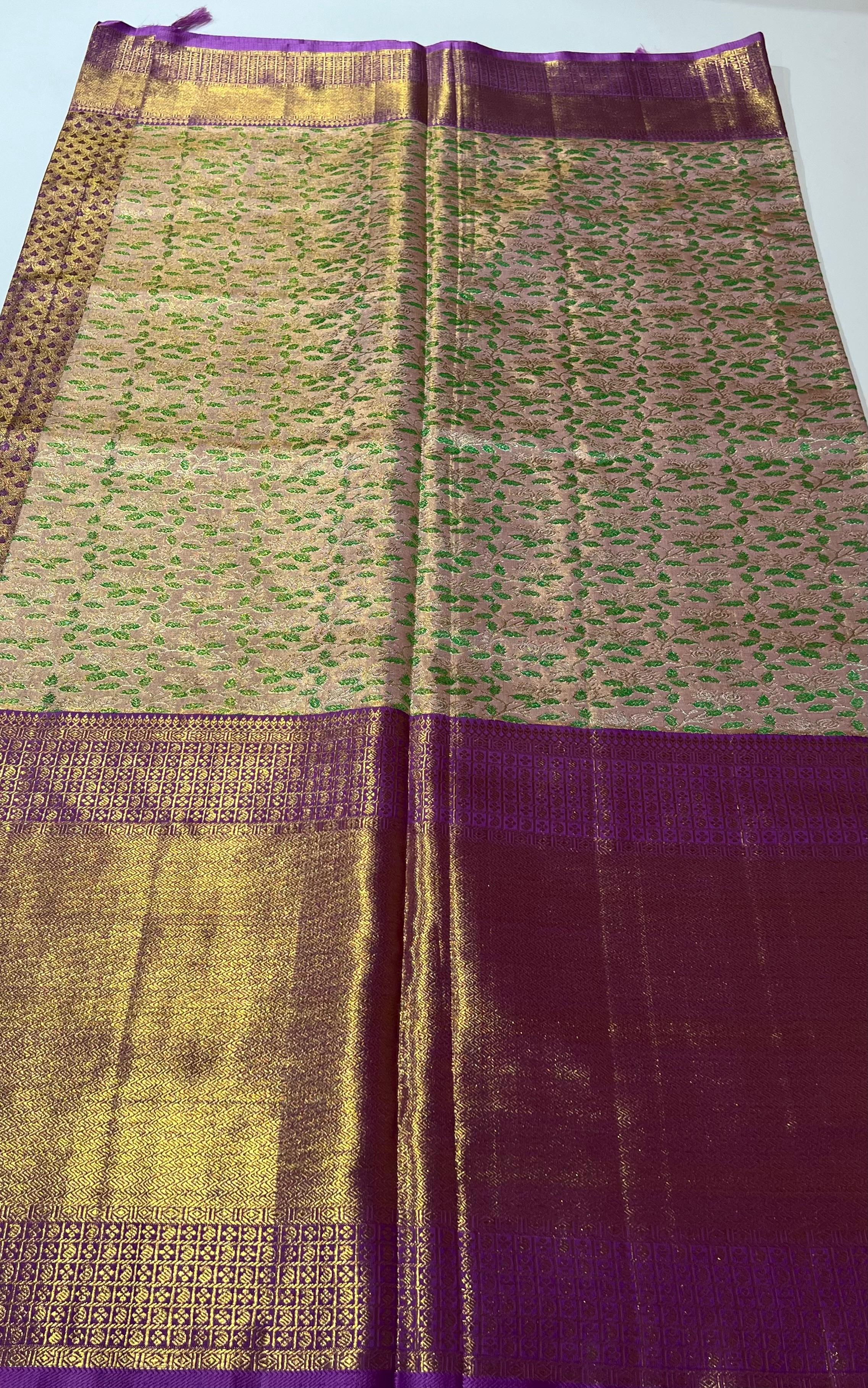 Cream and light violet border Kanjeevaram silk Saree