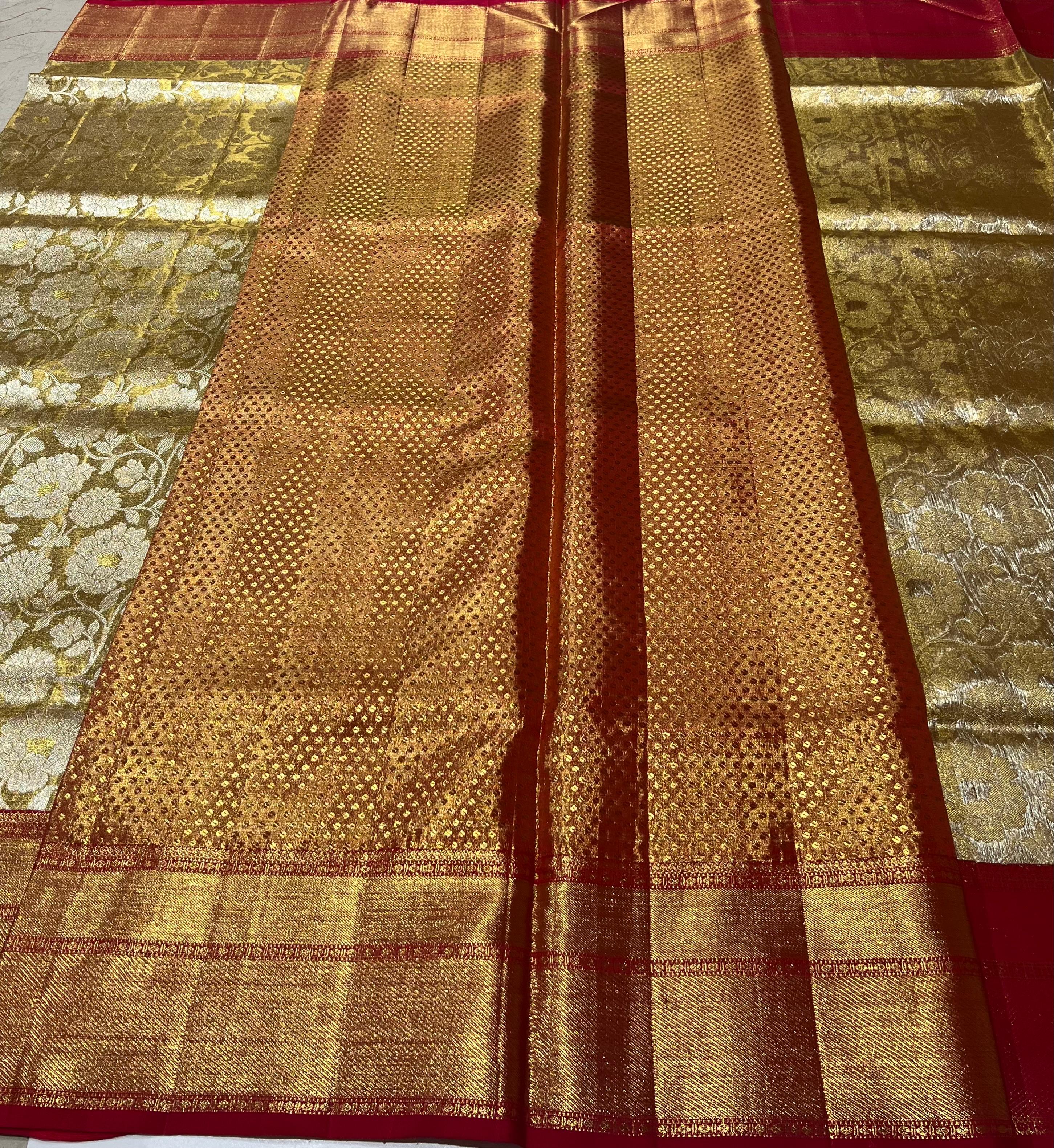 Flower motif on Golden and Maroon kanjeevaram silk saree