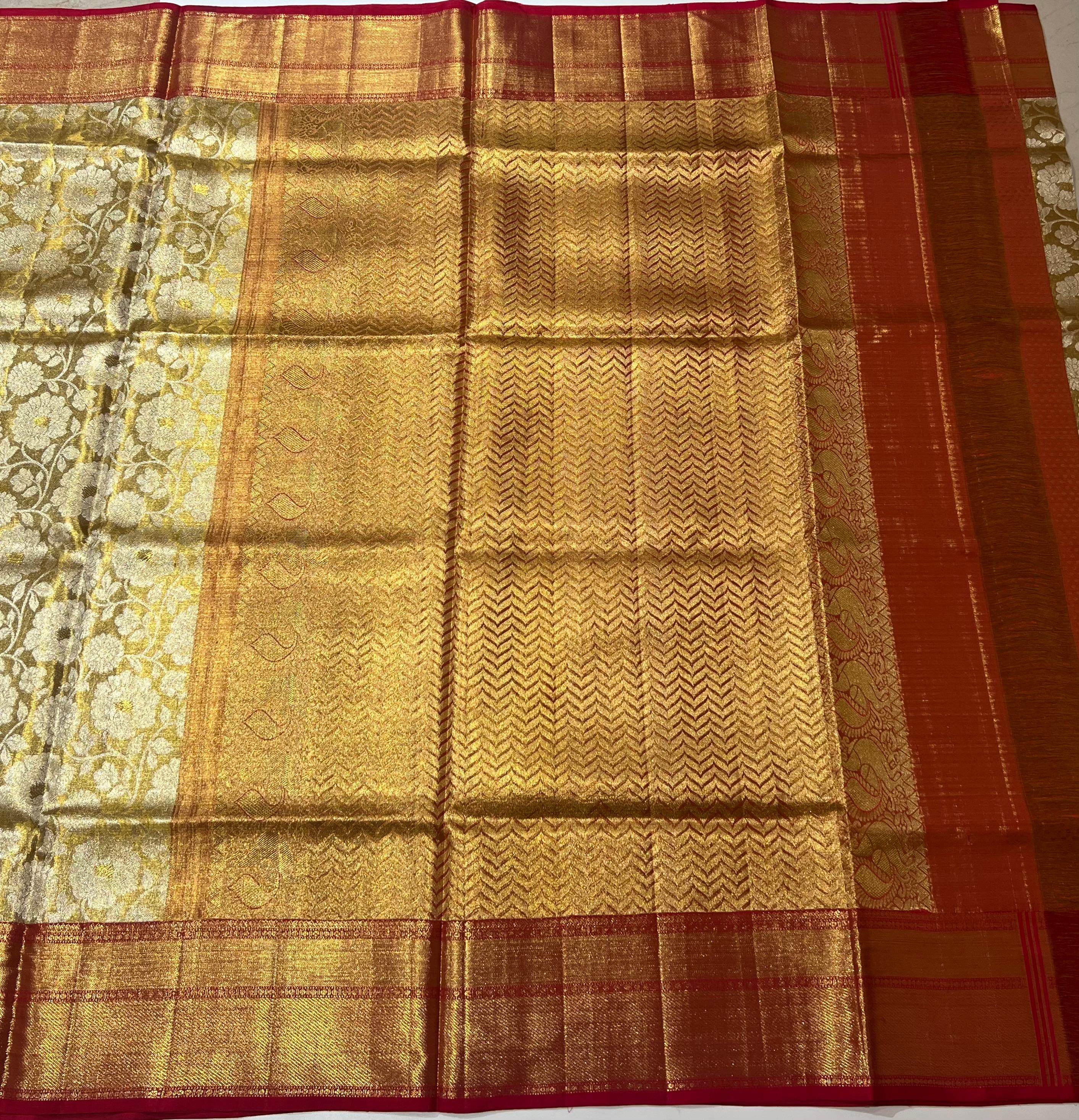 Flower motif on Golden and Maroon kanjeevaram silk saree