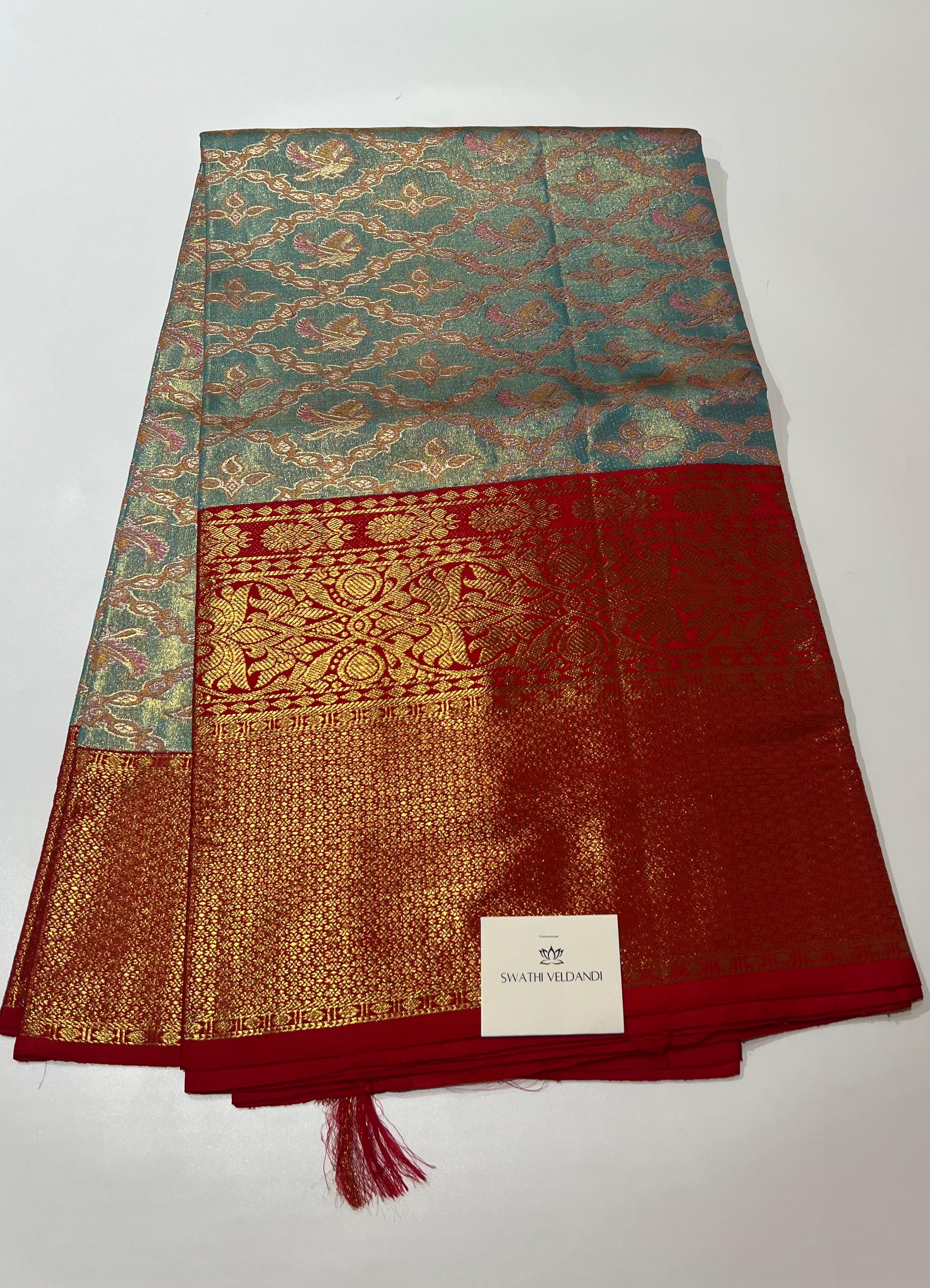 Aqua blue and maroon Kanjeevaram silk saree