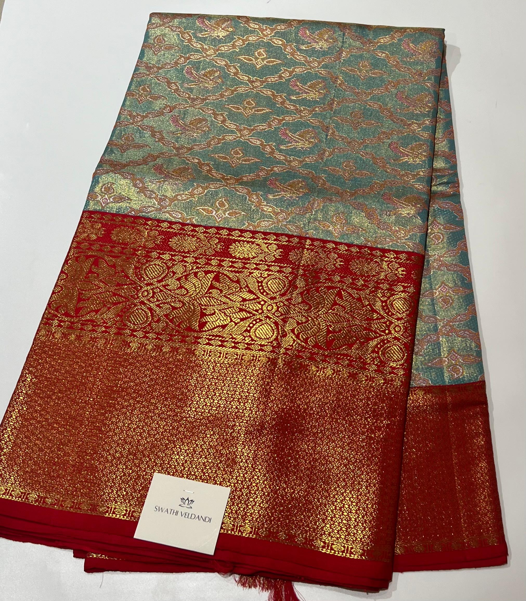 Aqua blue and maroon Kanjeevaram silk saree