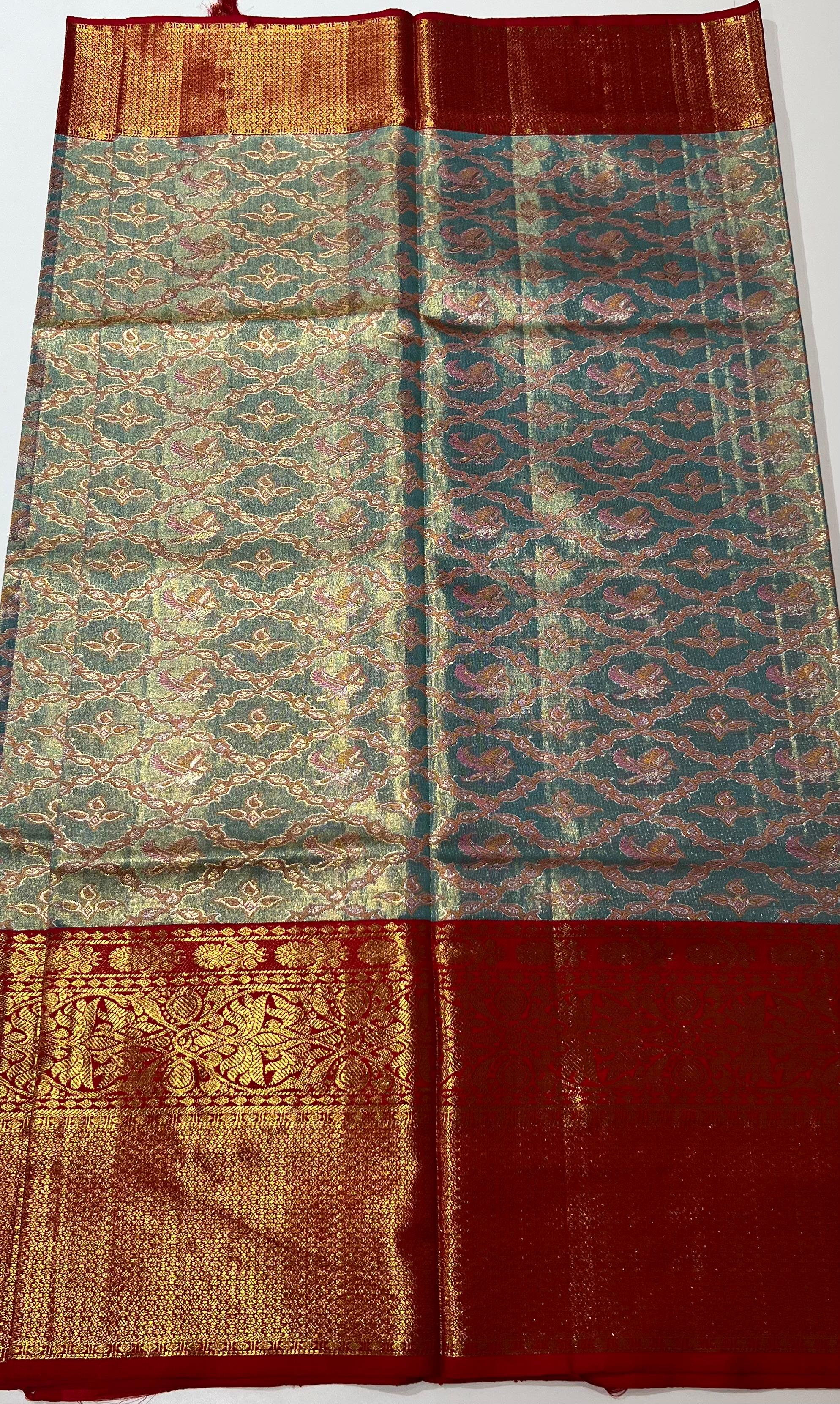 Aqua blue and maroon Kanjeevaram silk saree