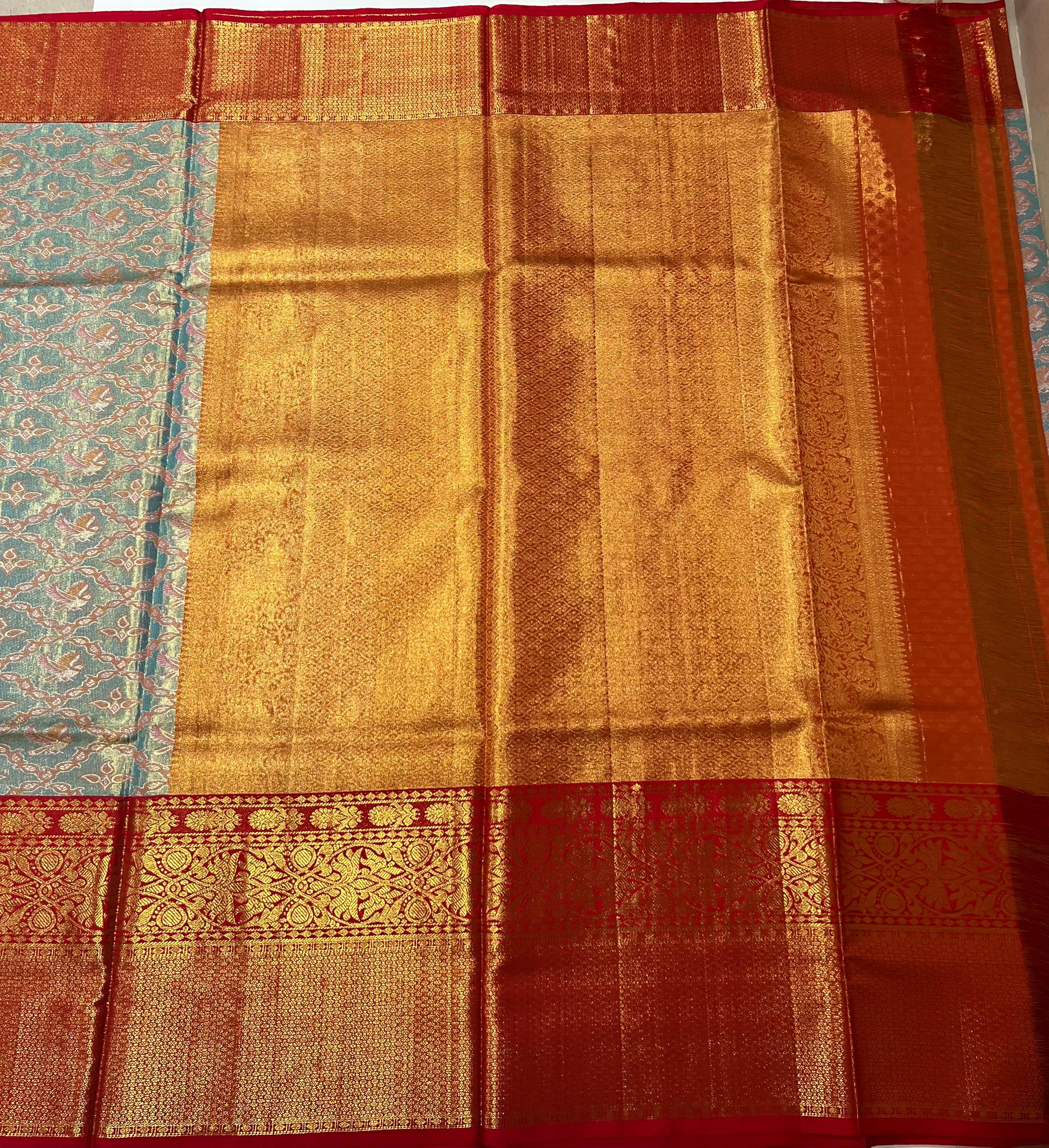 Aqua blue and maroon Kanjeevaram silk saree