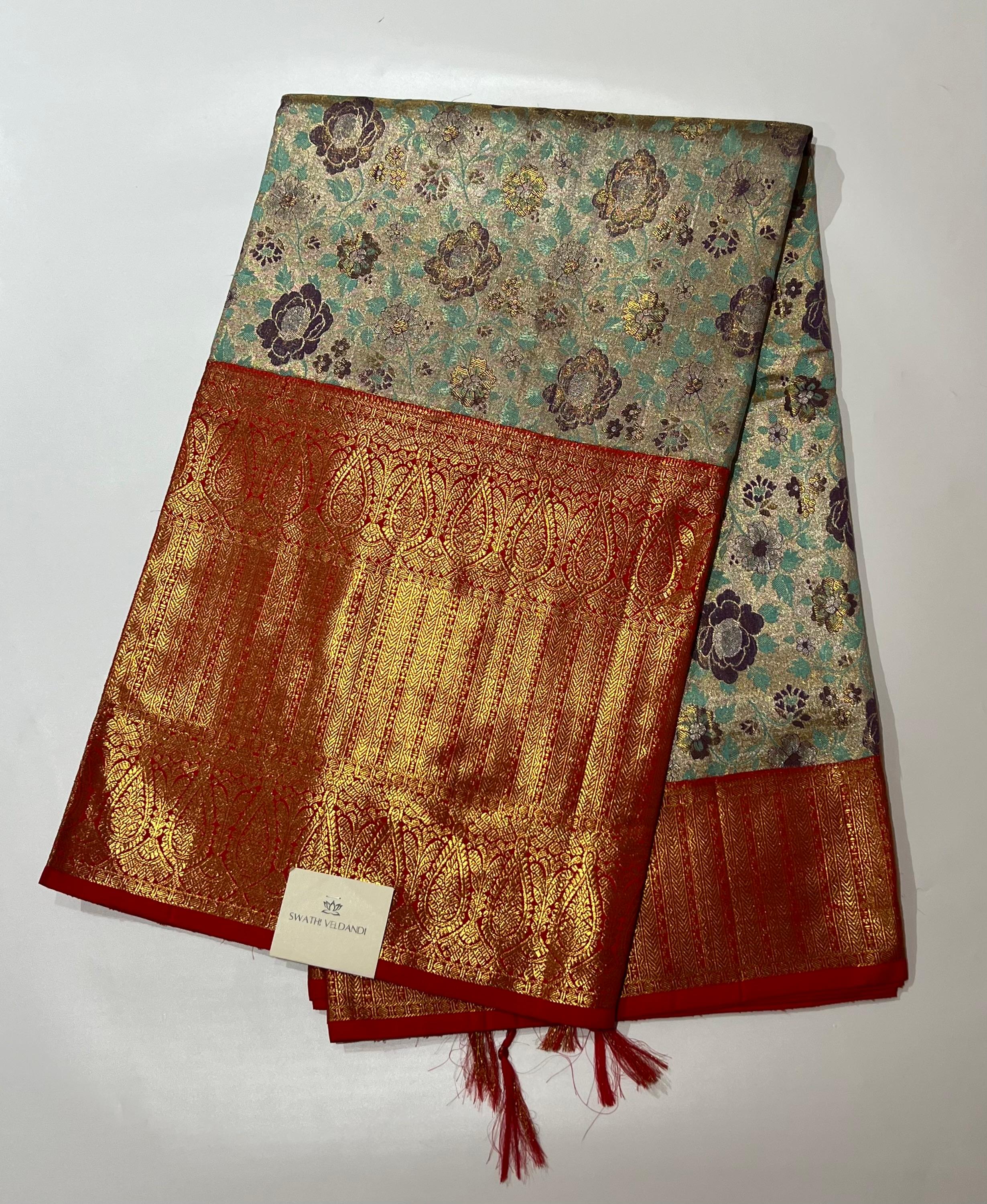 Teal bue and Red kanjeevaram silk saree