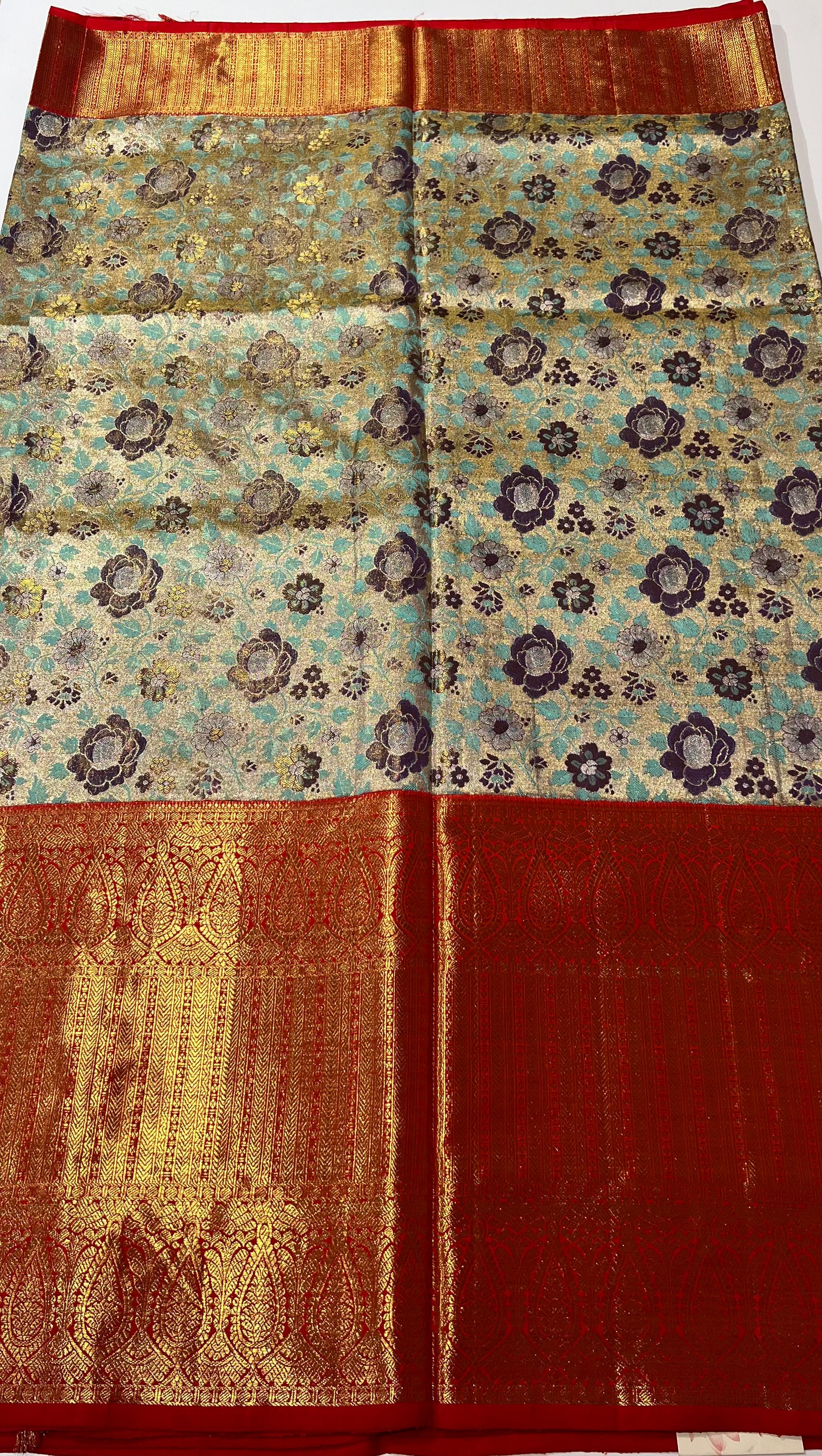 Teal bue and Red kanjeevaram silk saree