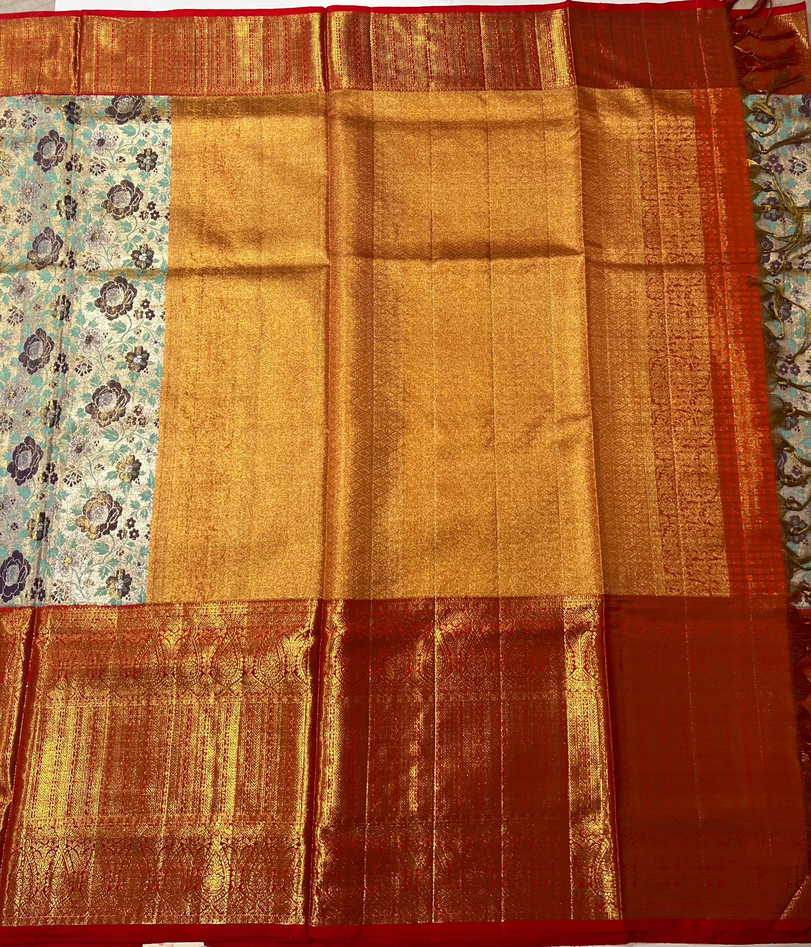 Teal bue and Red kanjeevaram silk saree