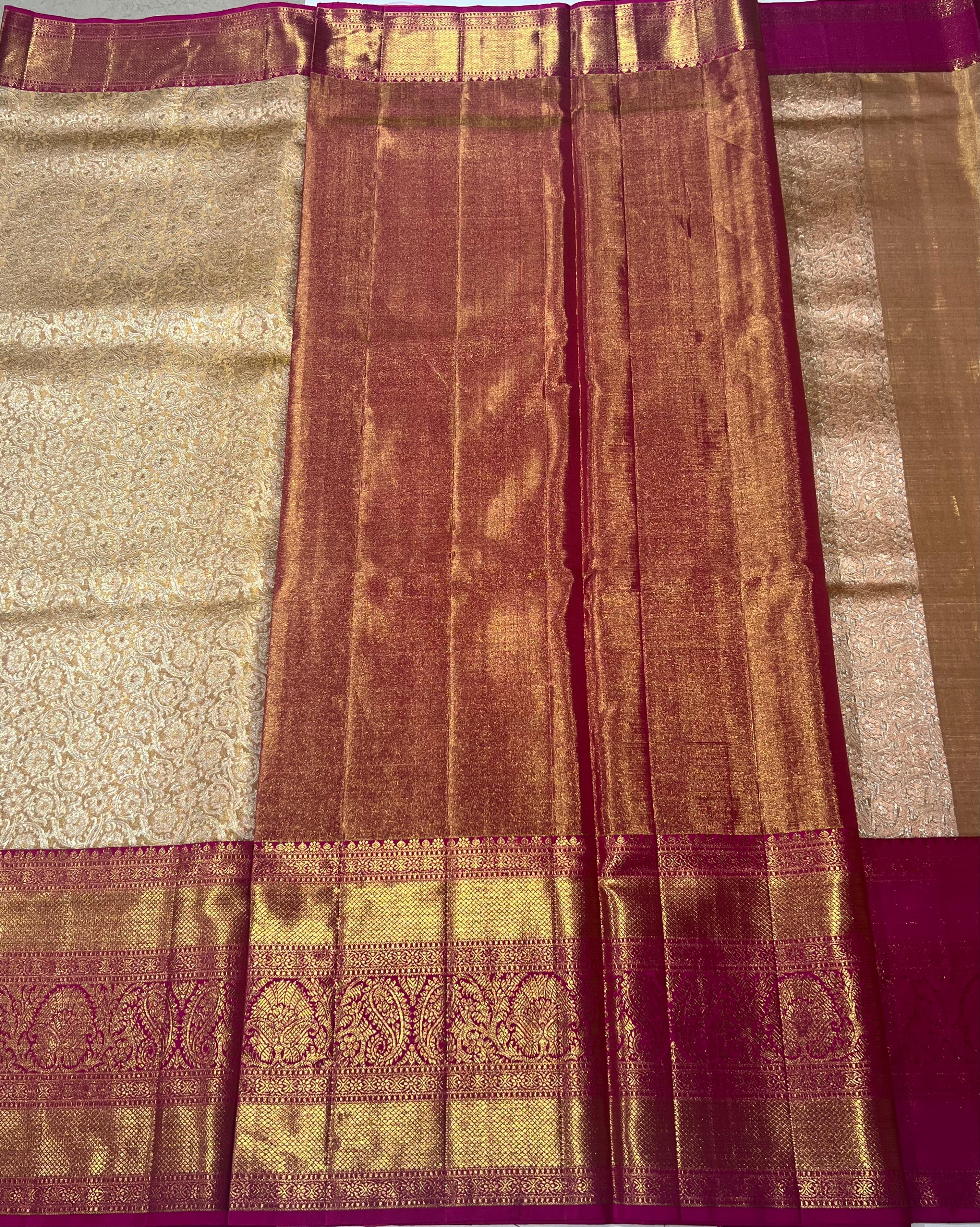 Cream and pink border kanjeevaram silk saree