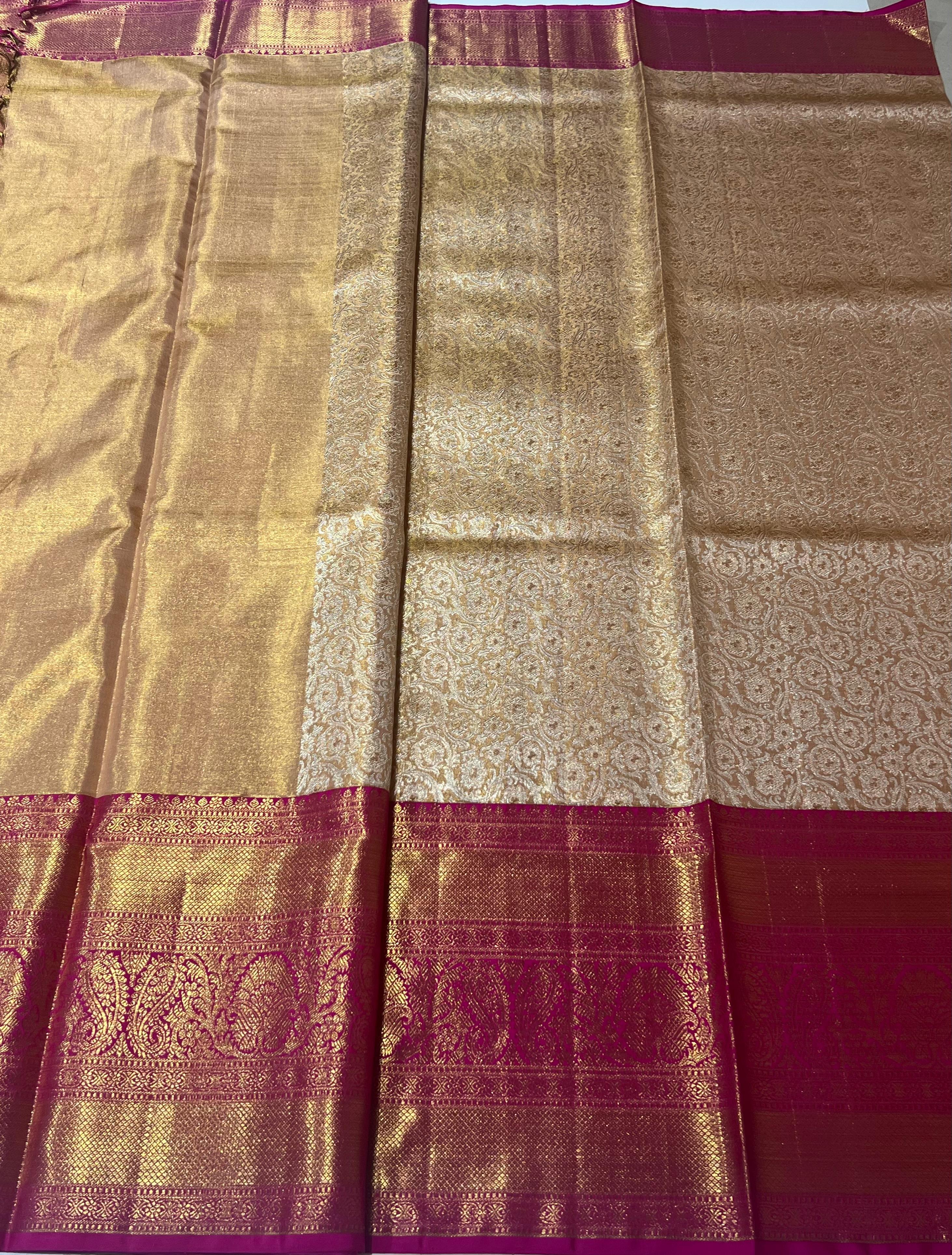 Cream and pink border kanjeevaram silk saree