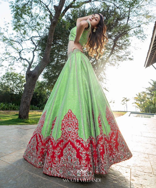 Green red patchwork lehenga set