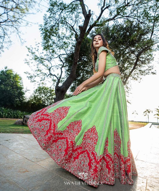 Green red patchwork lehenga set