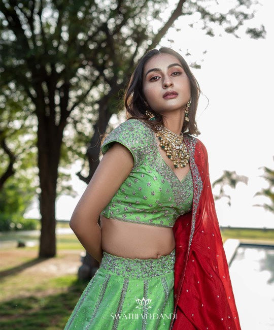 Green red patchwork lehenga set