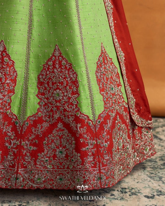 Green red patchwork lehenga set