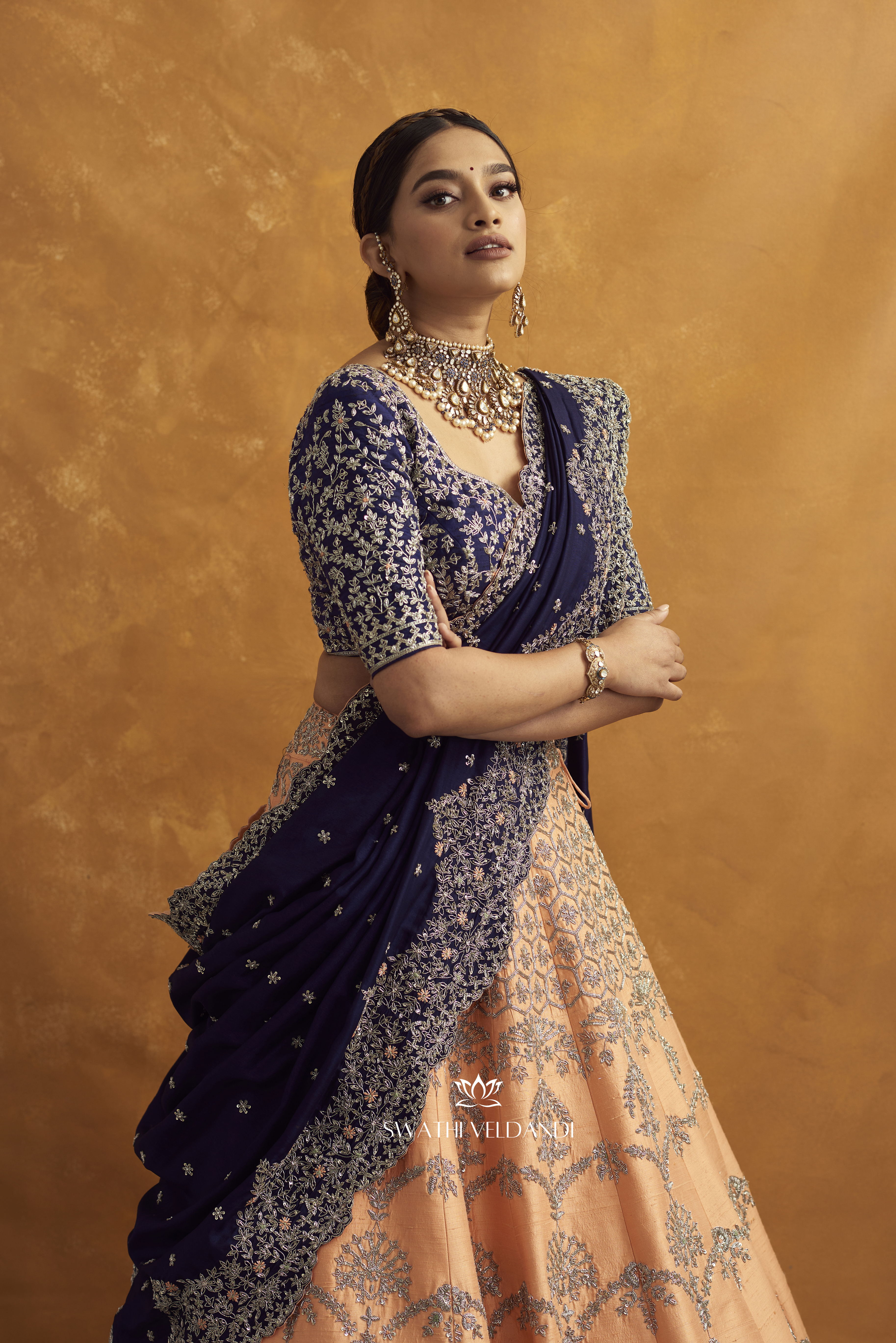 Anga Peach and blue Lehenga Set