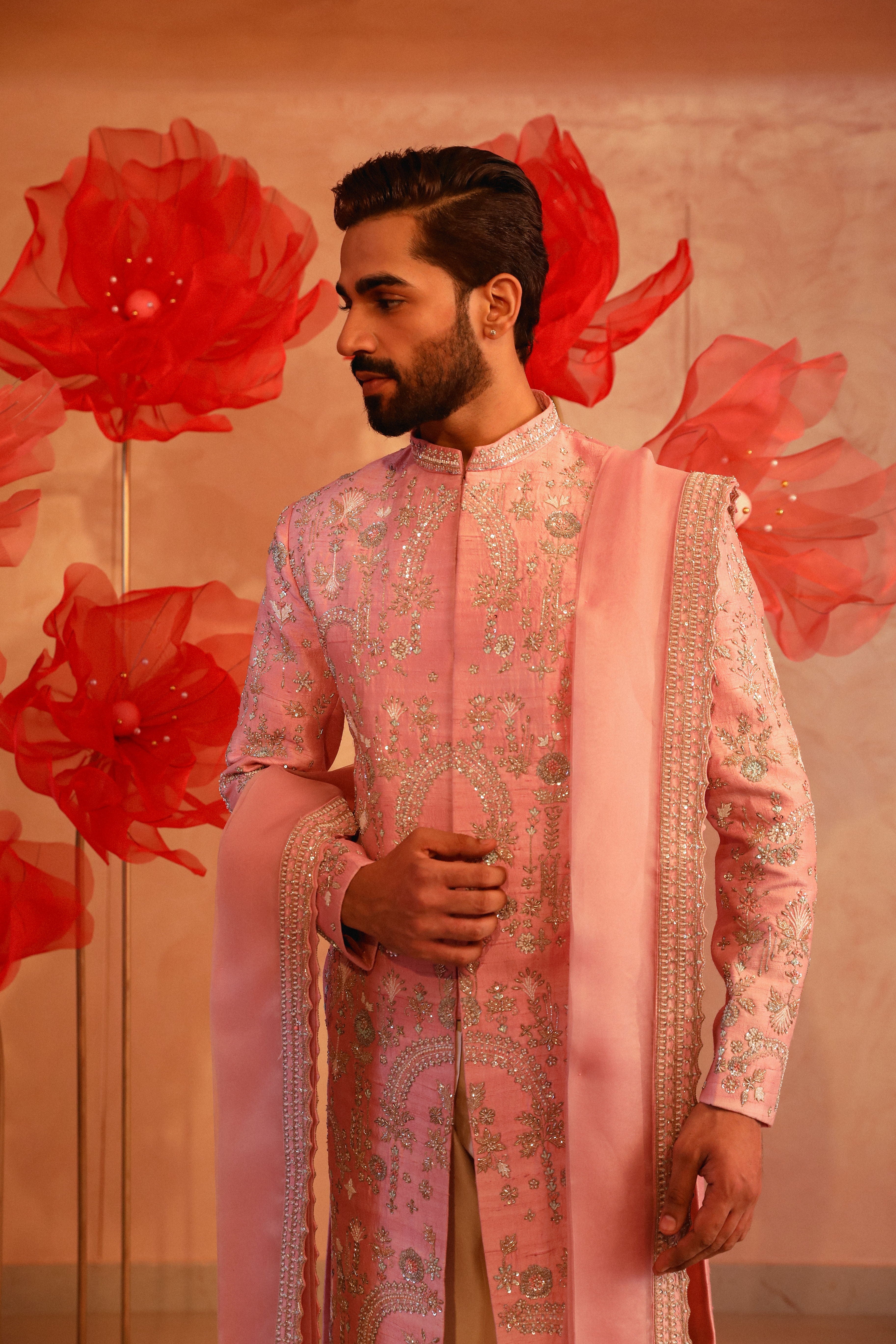 Pastel Pink Embroidered Sherwani Set