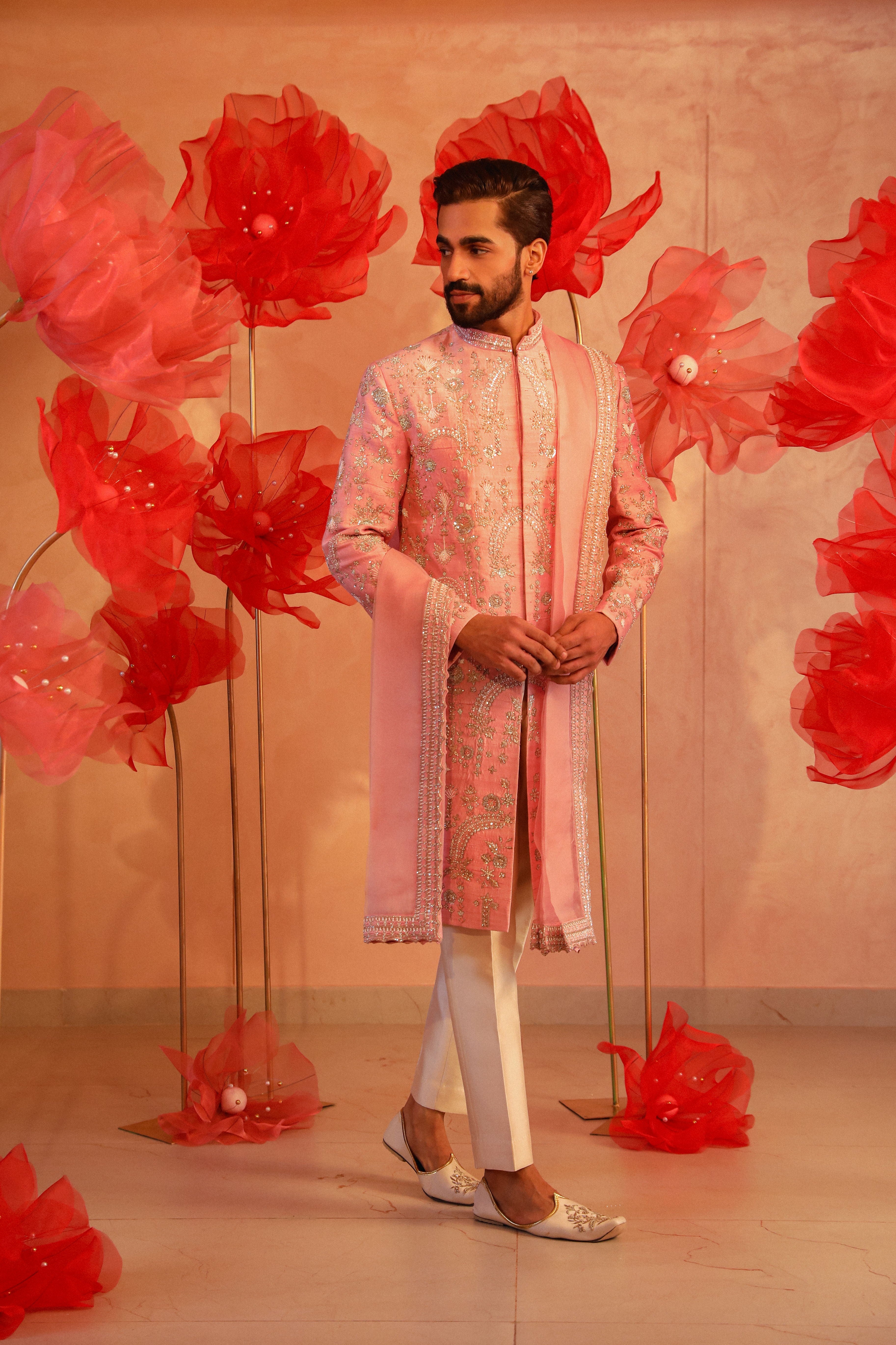 Pastel Pink Embroidered Sherwani Set