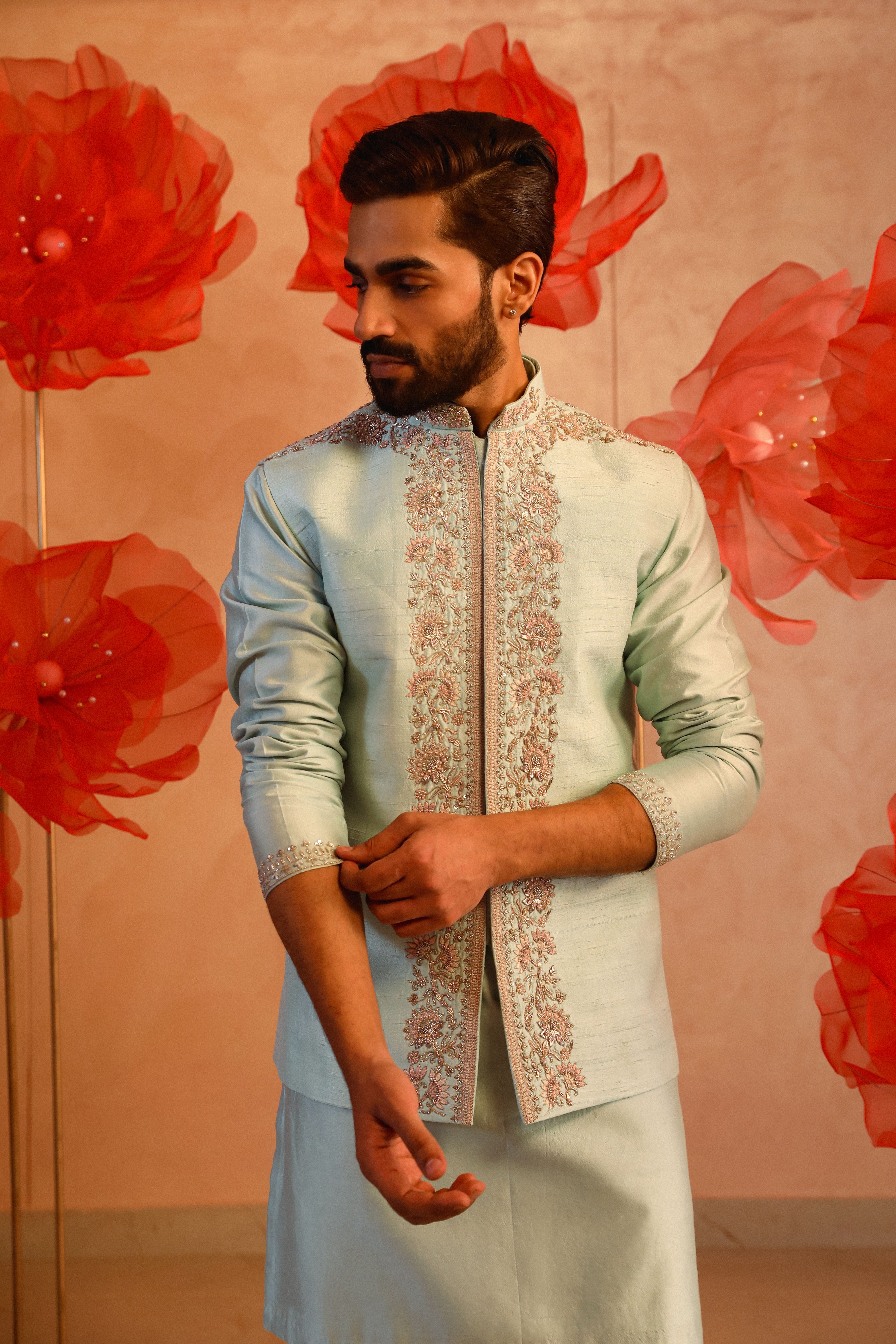 Ice Blue Embroidered Bandi Set