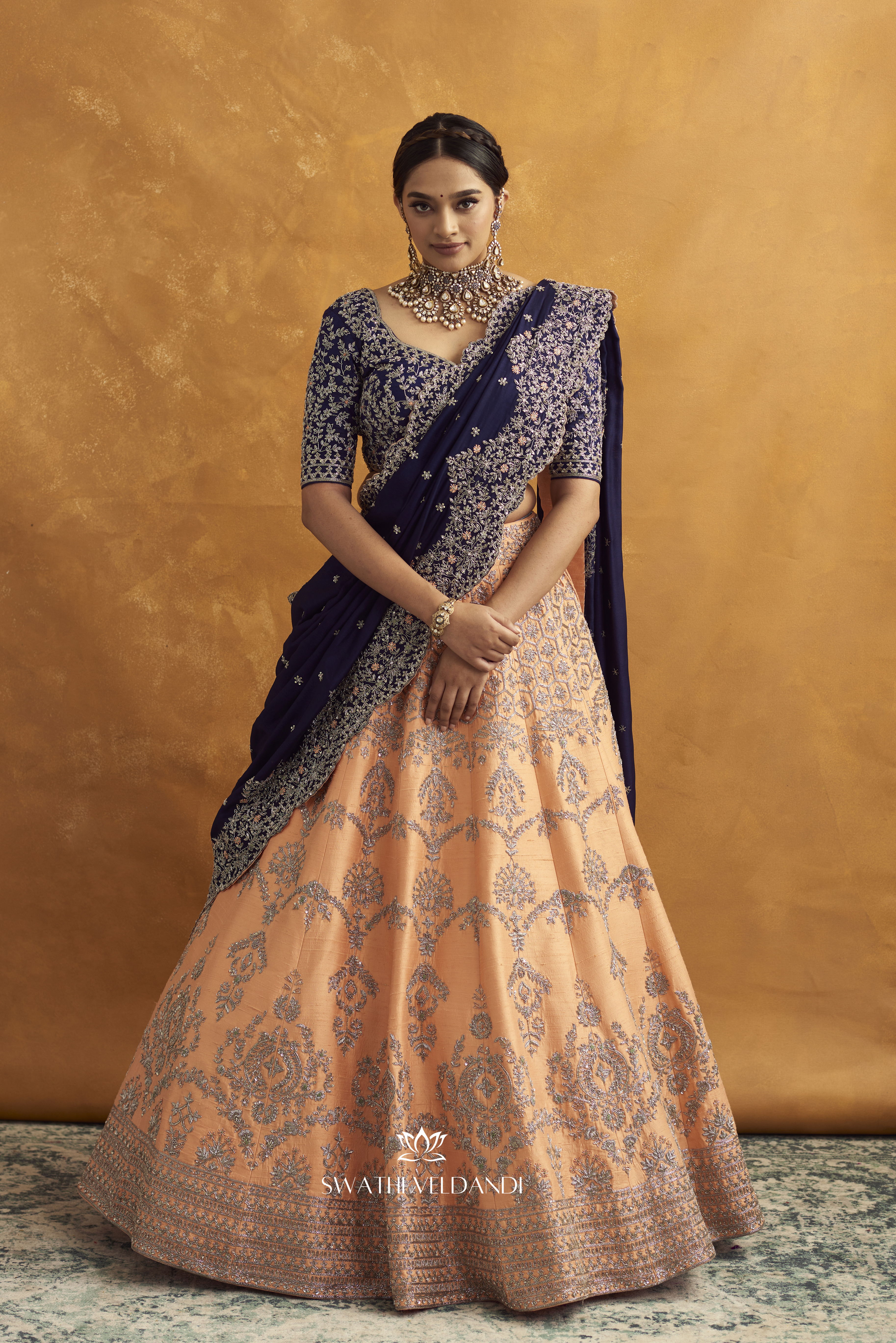 Anga Peach and blue Lehenga Set