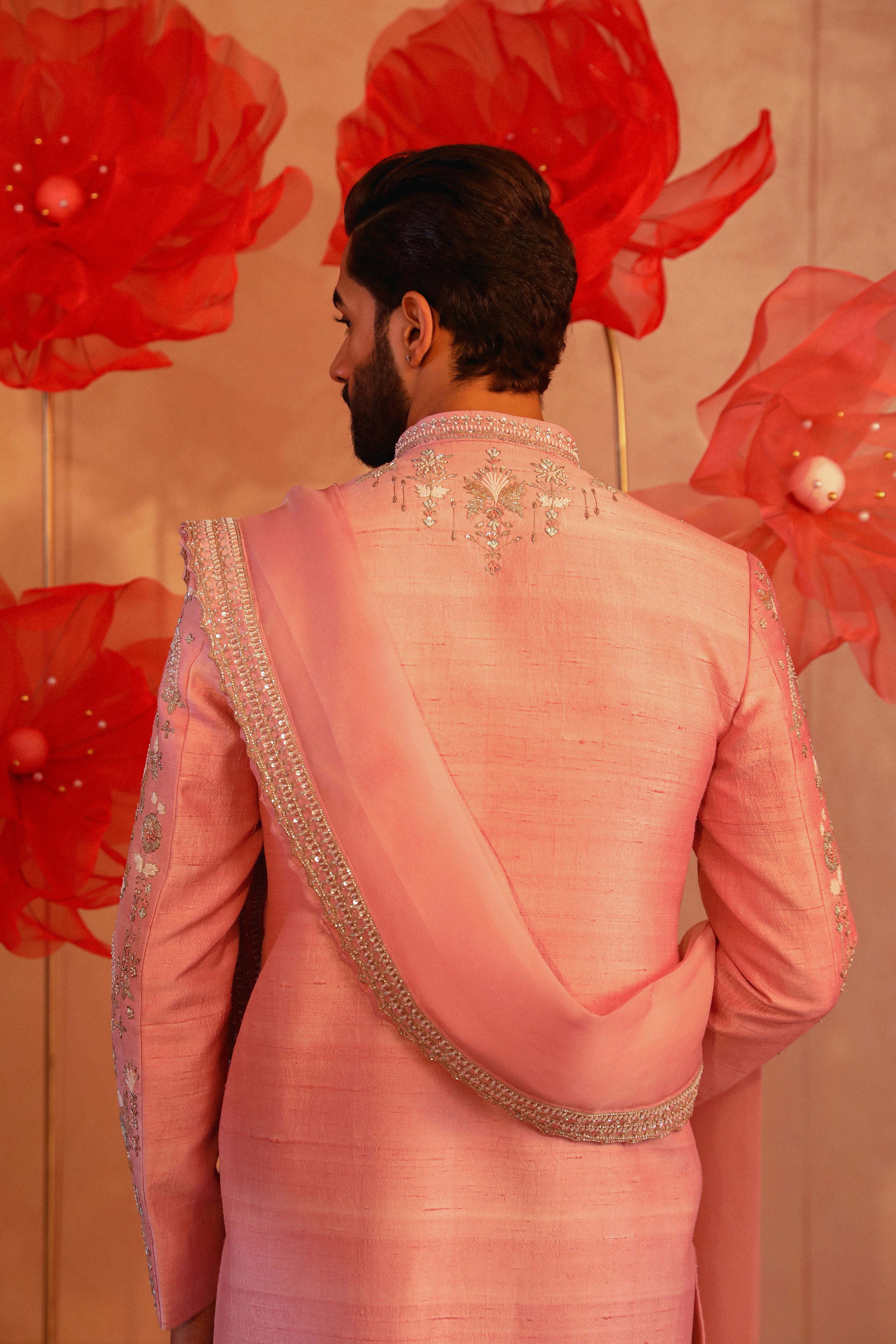 Pastel Pink Embroidered Sherwani Set