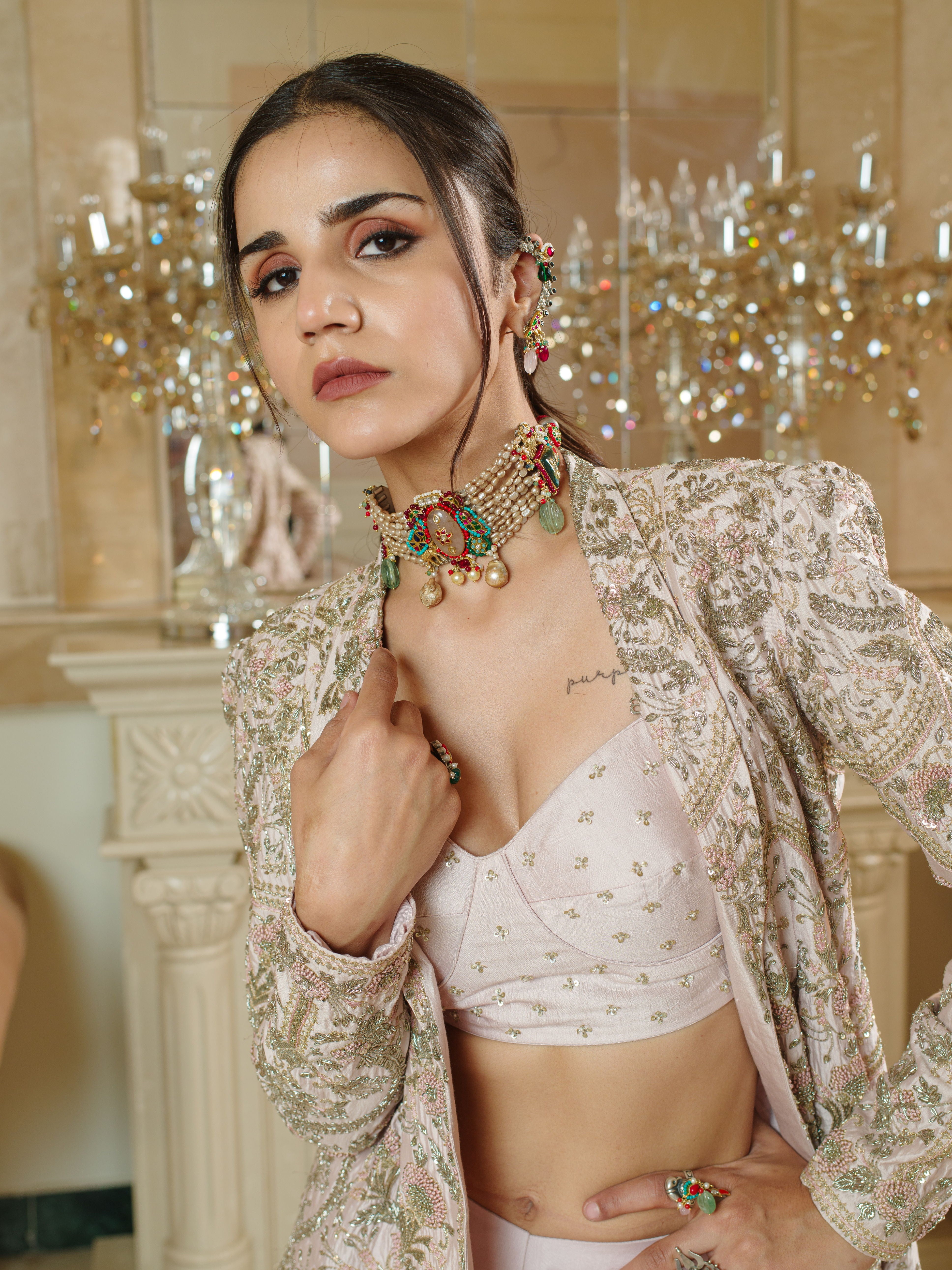 Alabaster Ivory Palazzo Set With embroidered Jacket