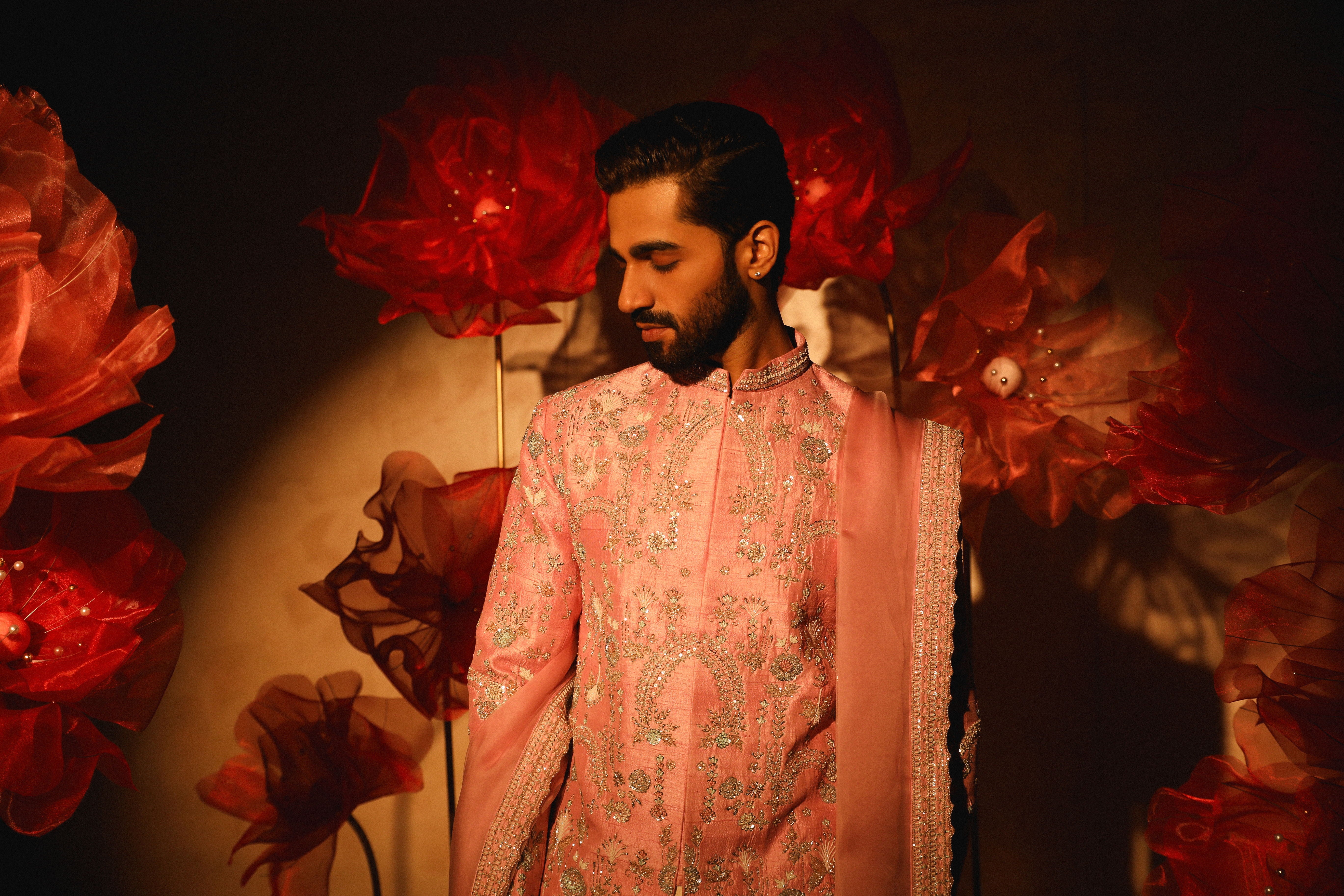 Pastel Pink Embroidered Sherwani Set