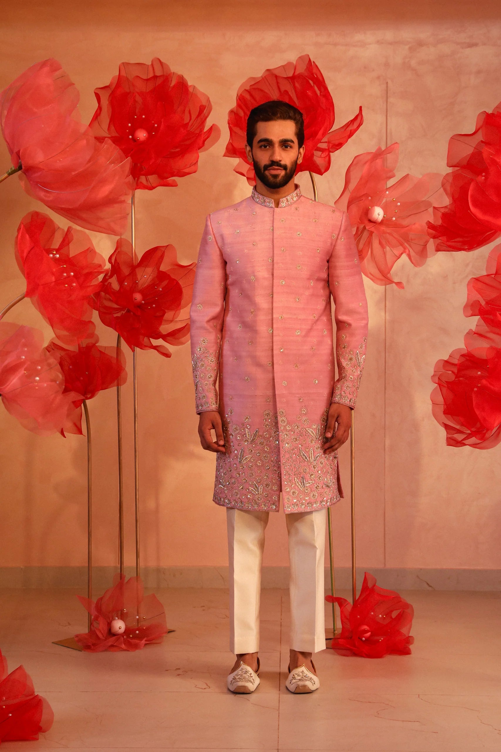 Pastel Pink Embroidered Sherwani Set