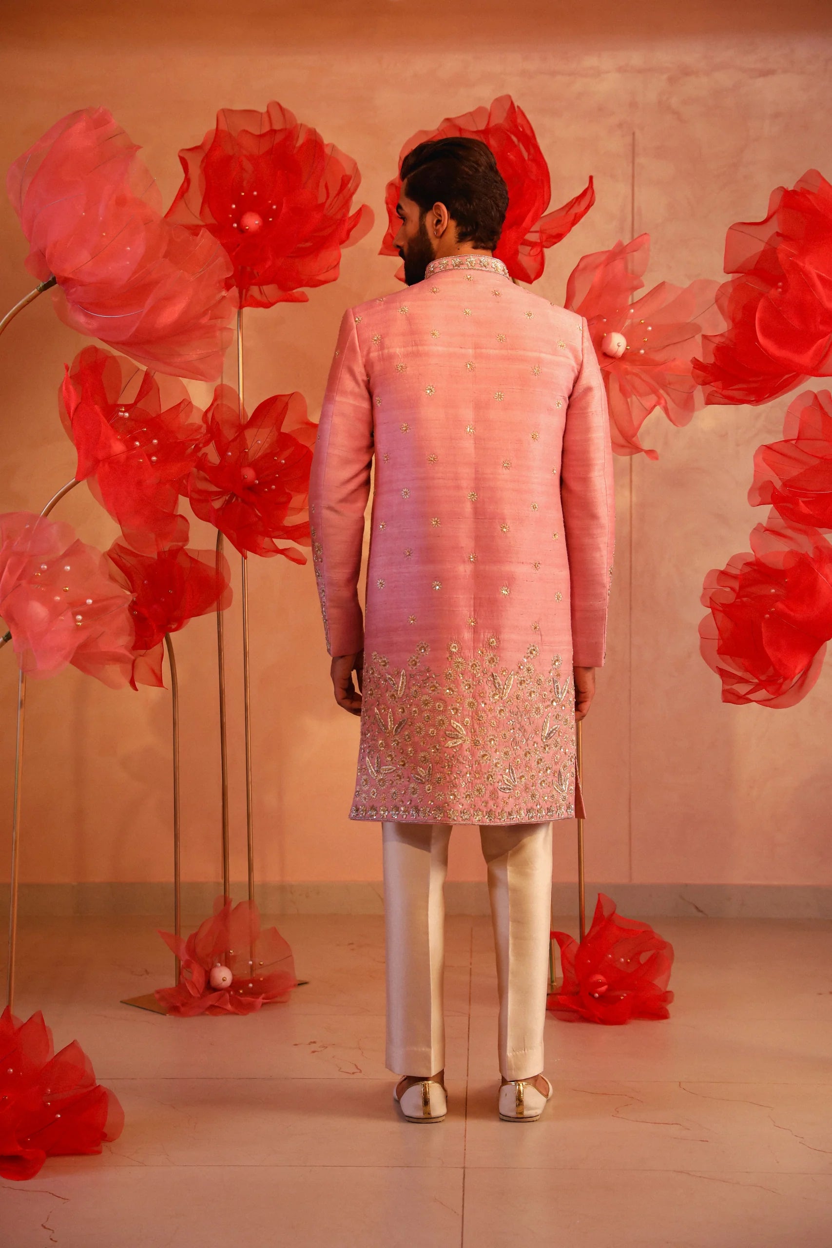 Pastel Pink Embroidered Sherwani Set