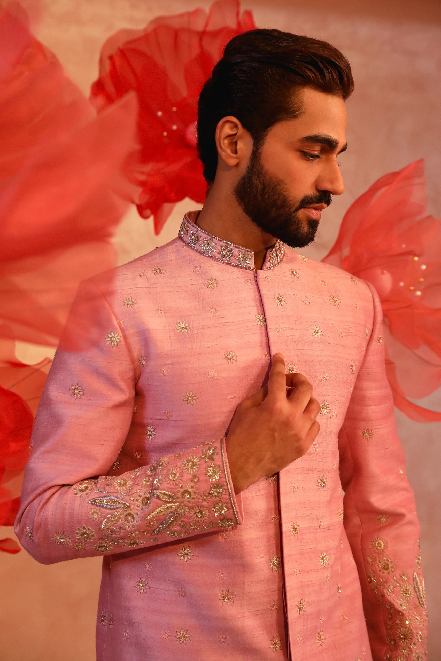 Pastel Pink Embroidered Sherwani Set