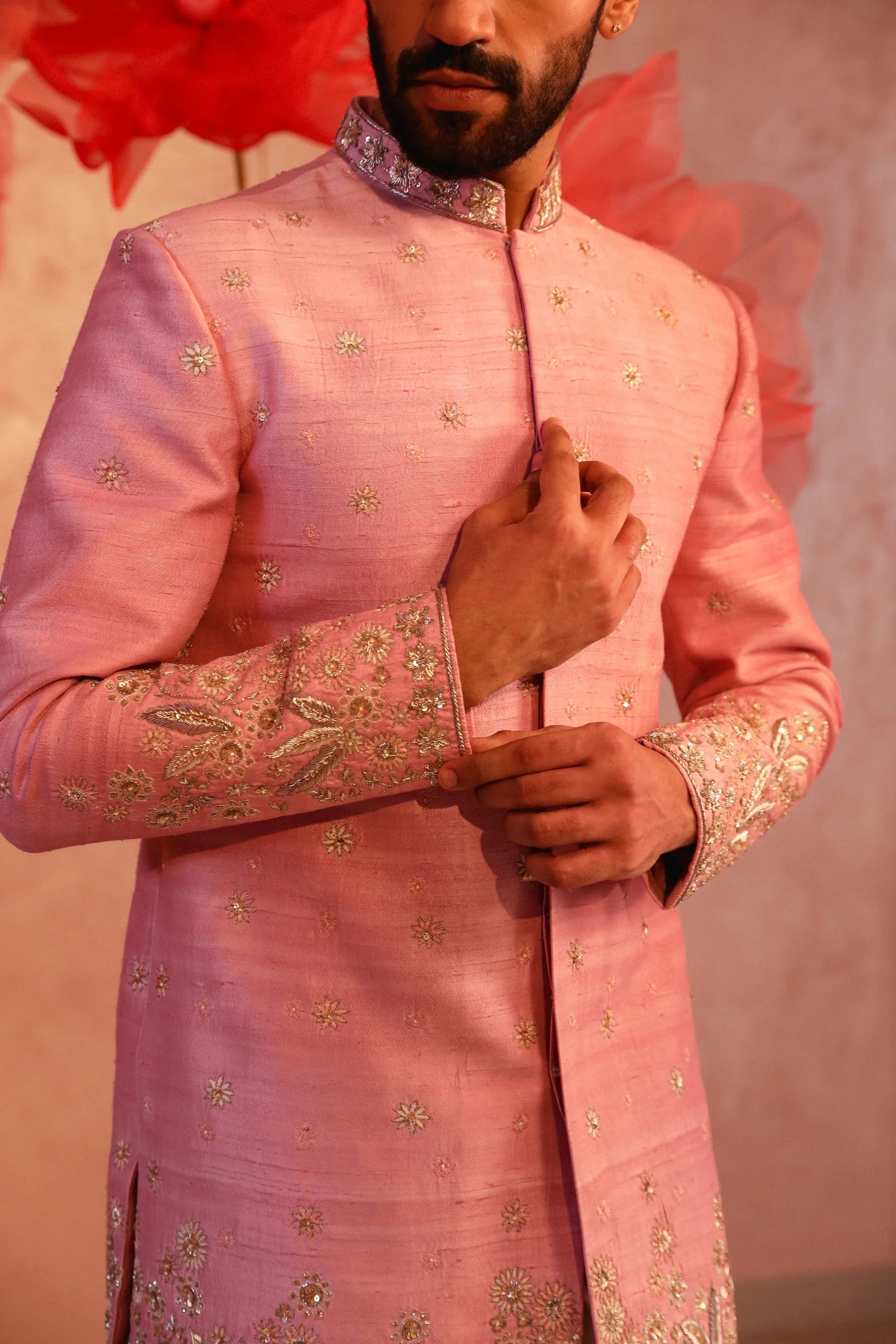 Pastel Pink Embroidered Sherwani Set