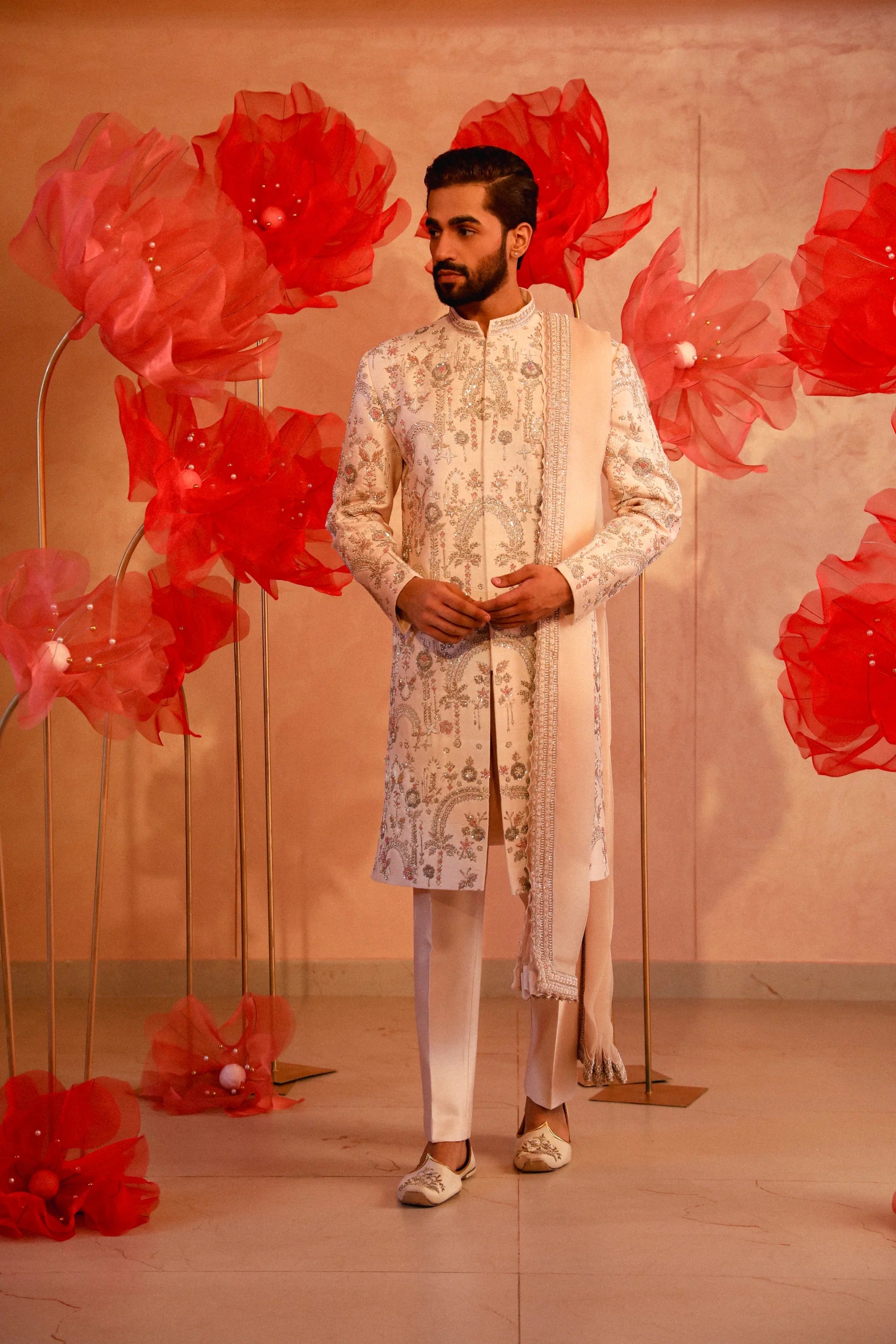 Calming Ivory Embroidered Sherwani