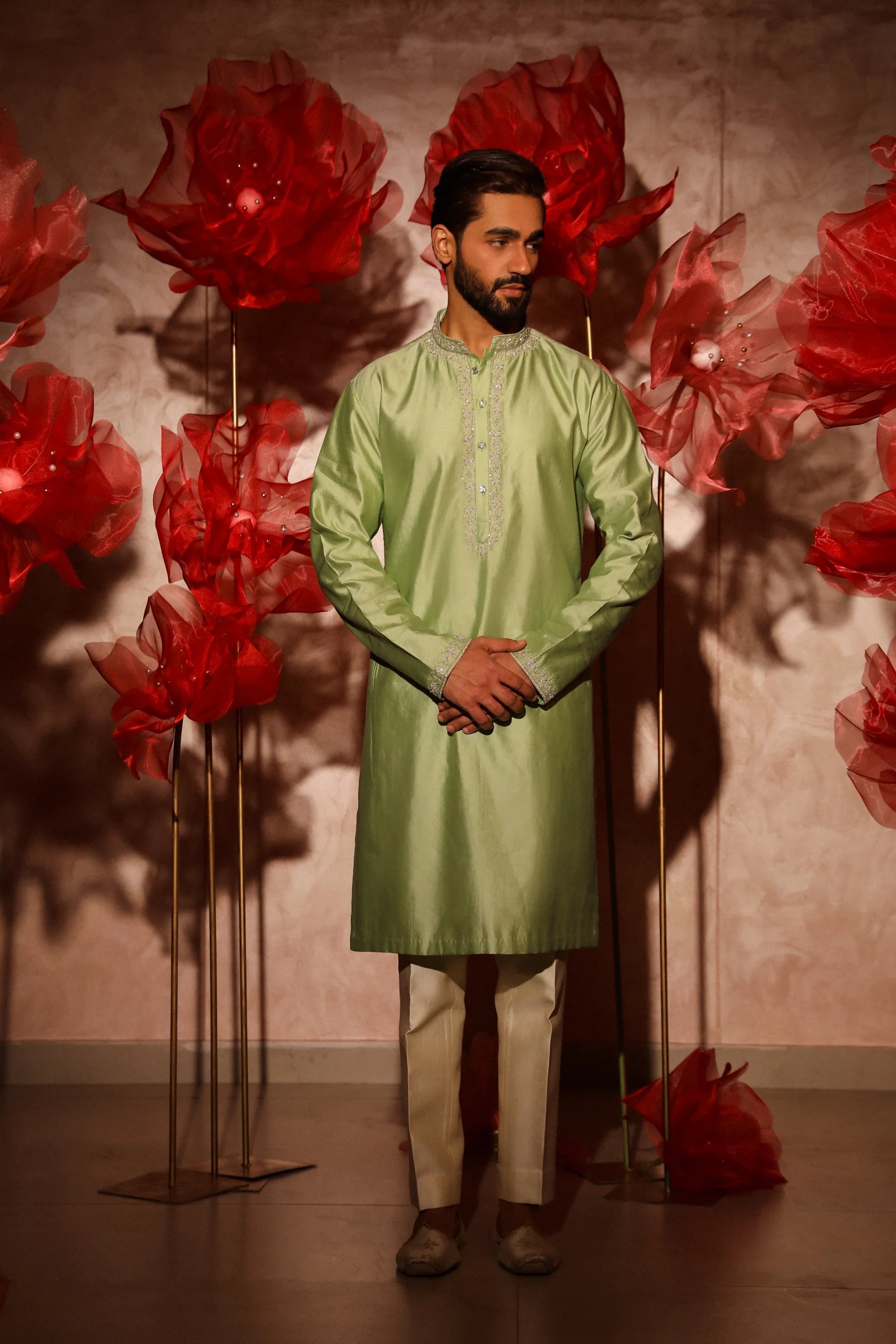 Green Embroidered kurta Set