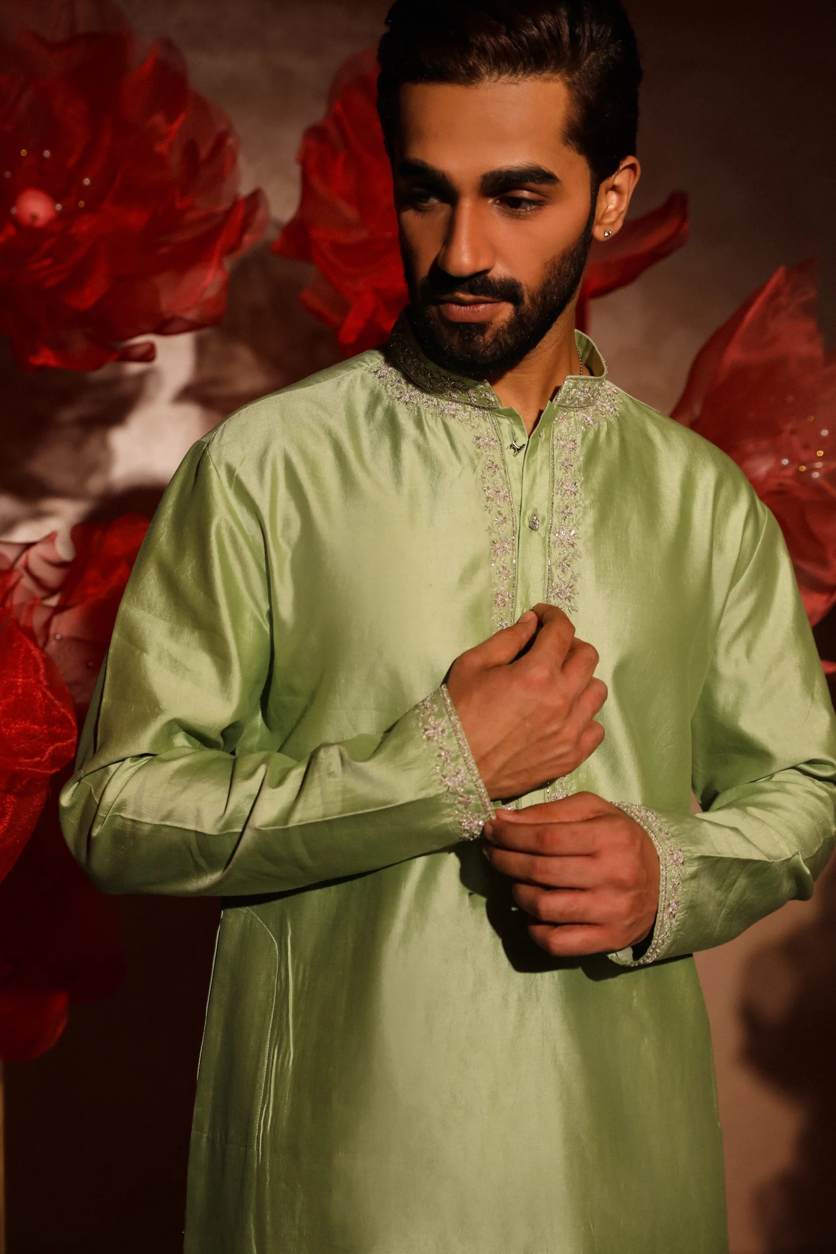 Green Embroidered kurta Set